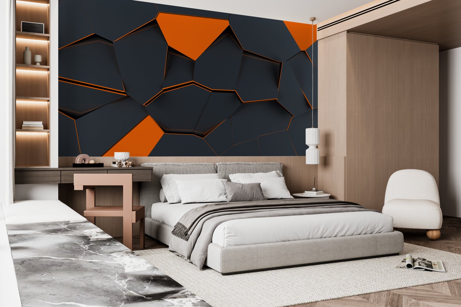 Papier peint formes géométriques dans les tons noir et orange