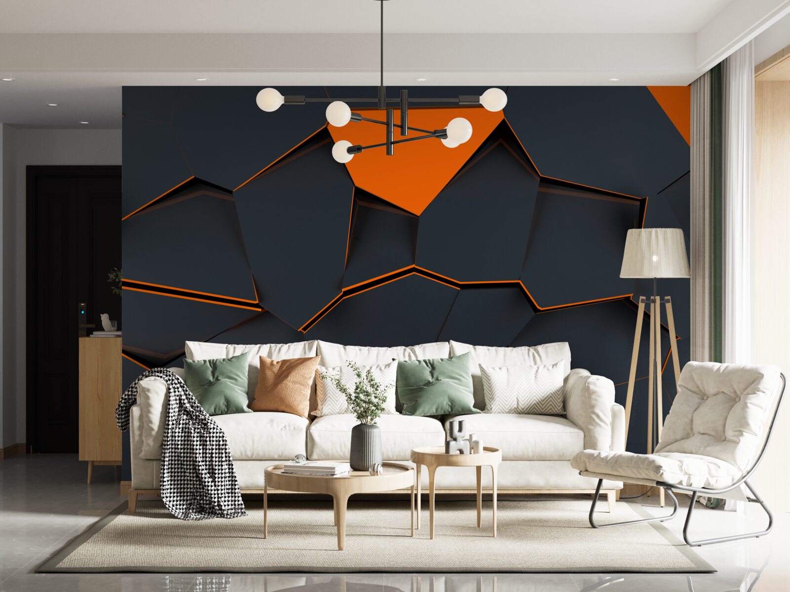 Papier peint formes géométriques dans les tons noir et orange