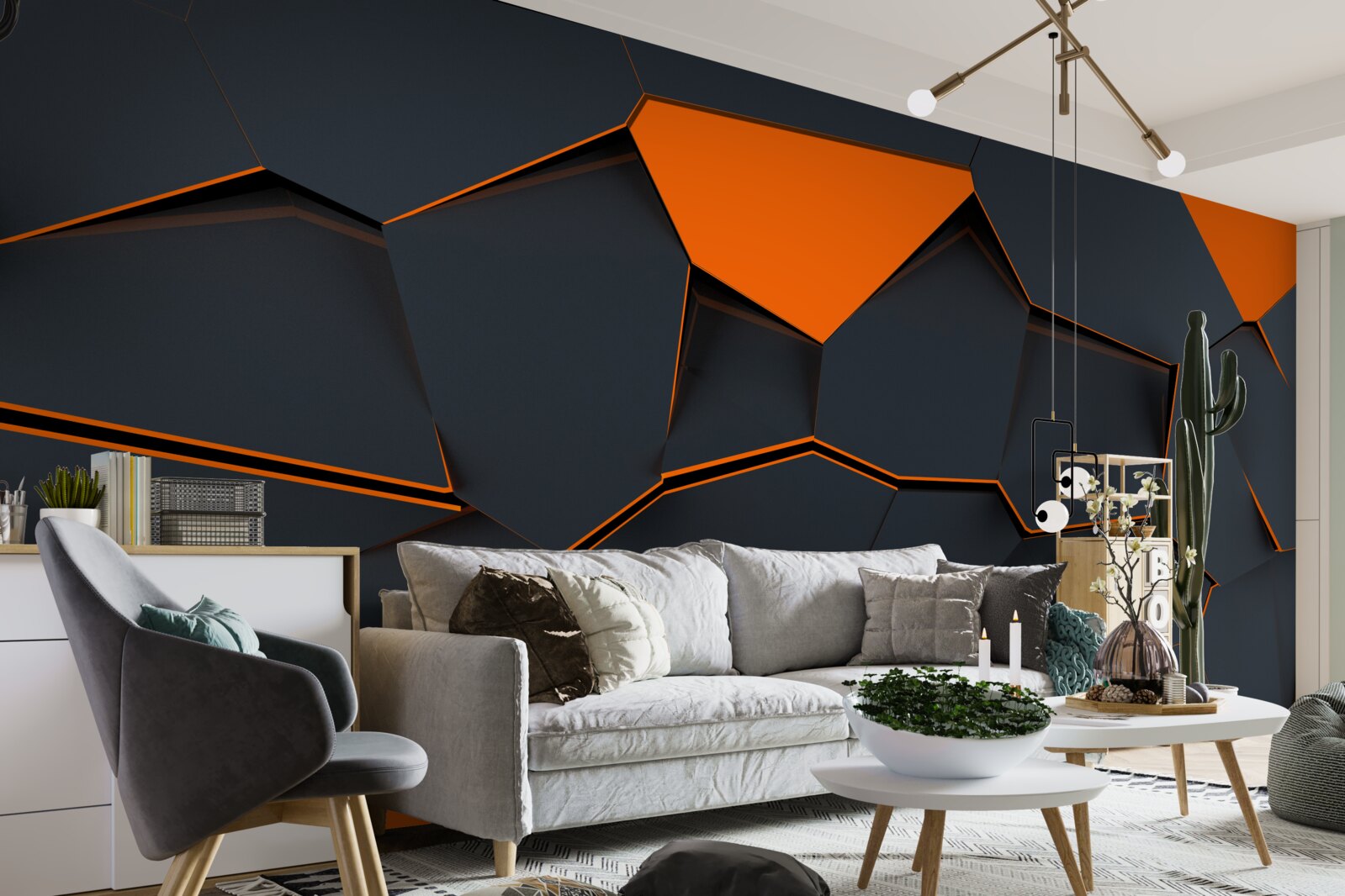 Papier peint formes géométriques dans les tons noir et orange