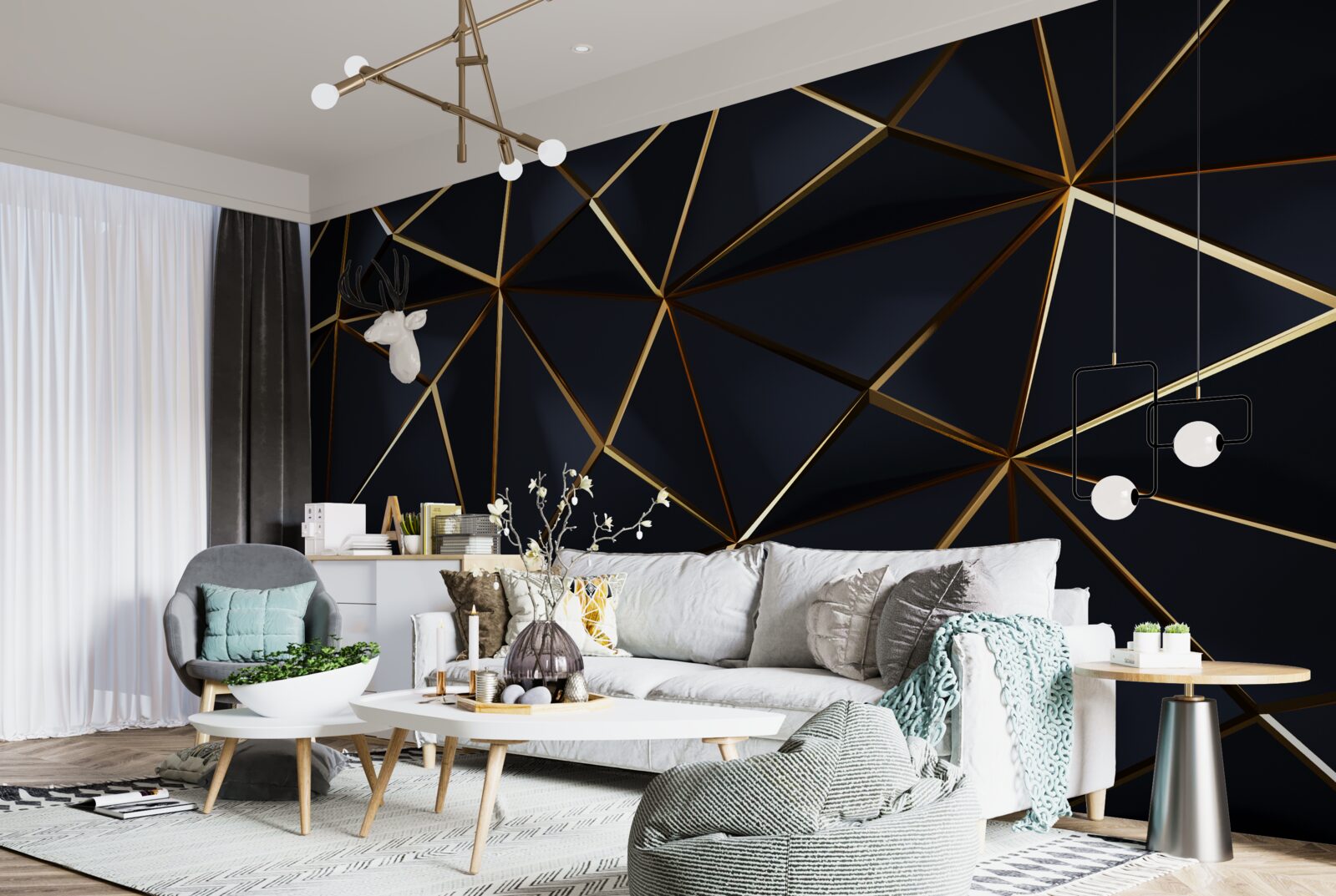 Papier peint triangles dorés avec accents noirs