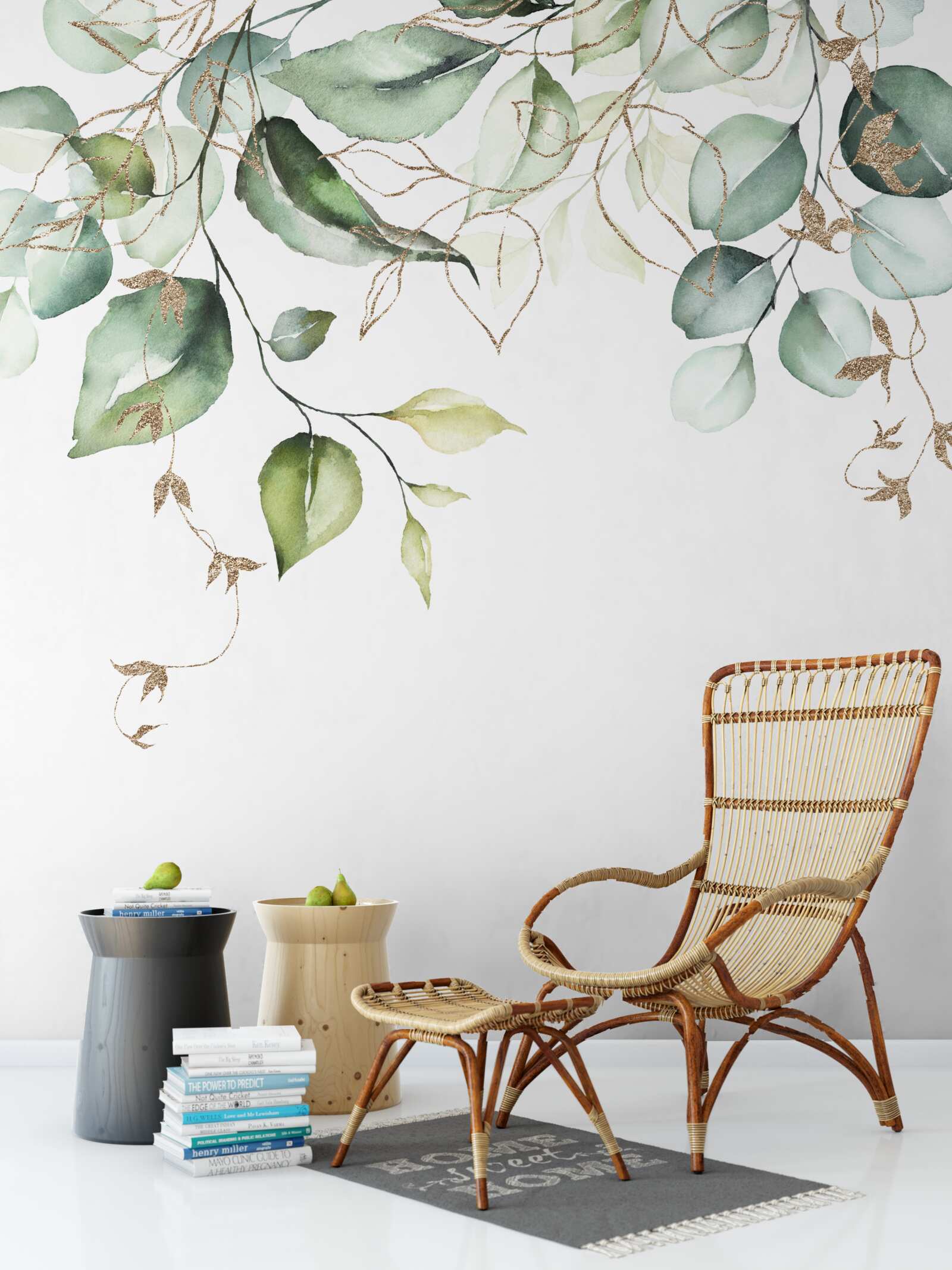 Papier peint Aquarelle avec des feuilles vertes sur fond blanc