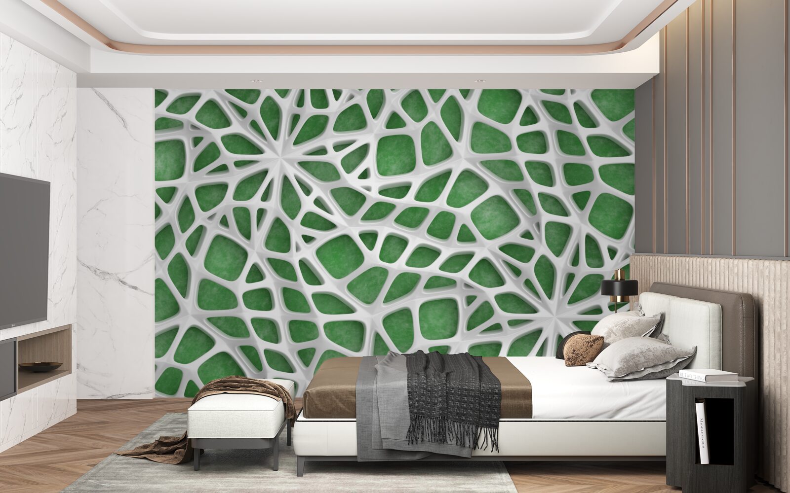 Papier peint sur un fond vert, une grande toile d'araignée blanche