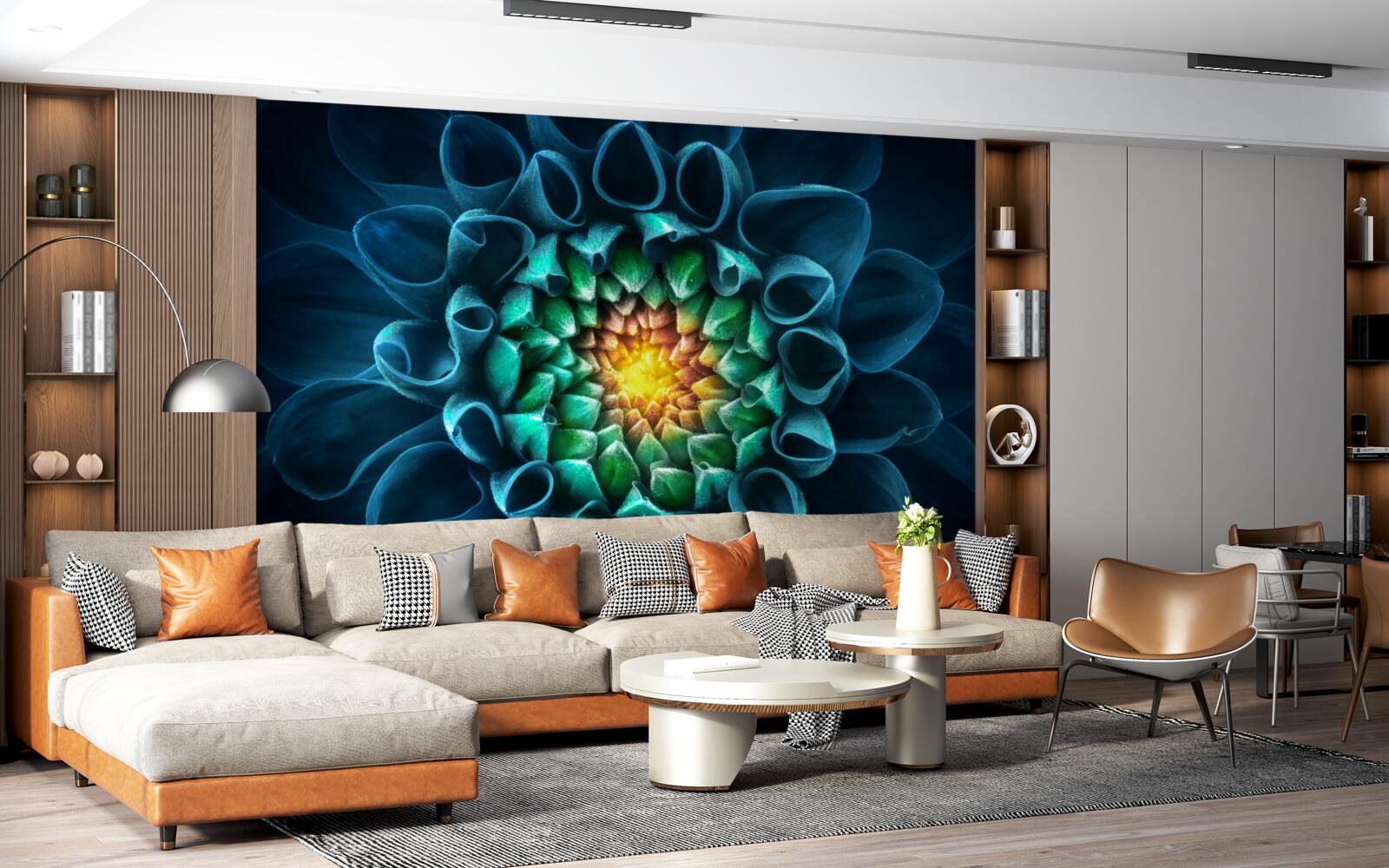 Papier peint style abstrait bourgeon de pivoine bleue