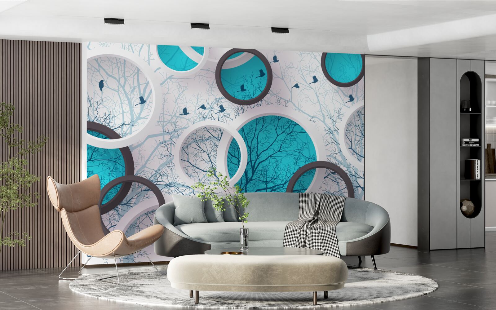 Papier peint cercles et arbres turquoise