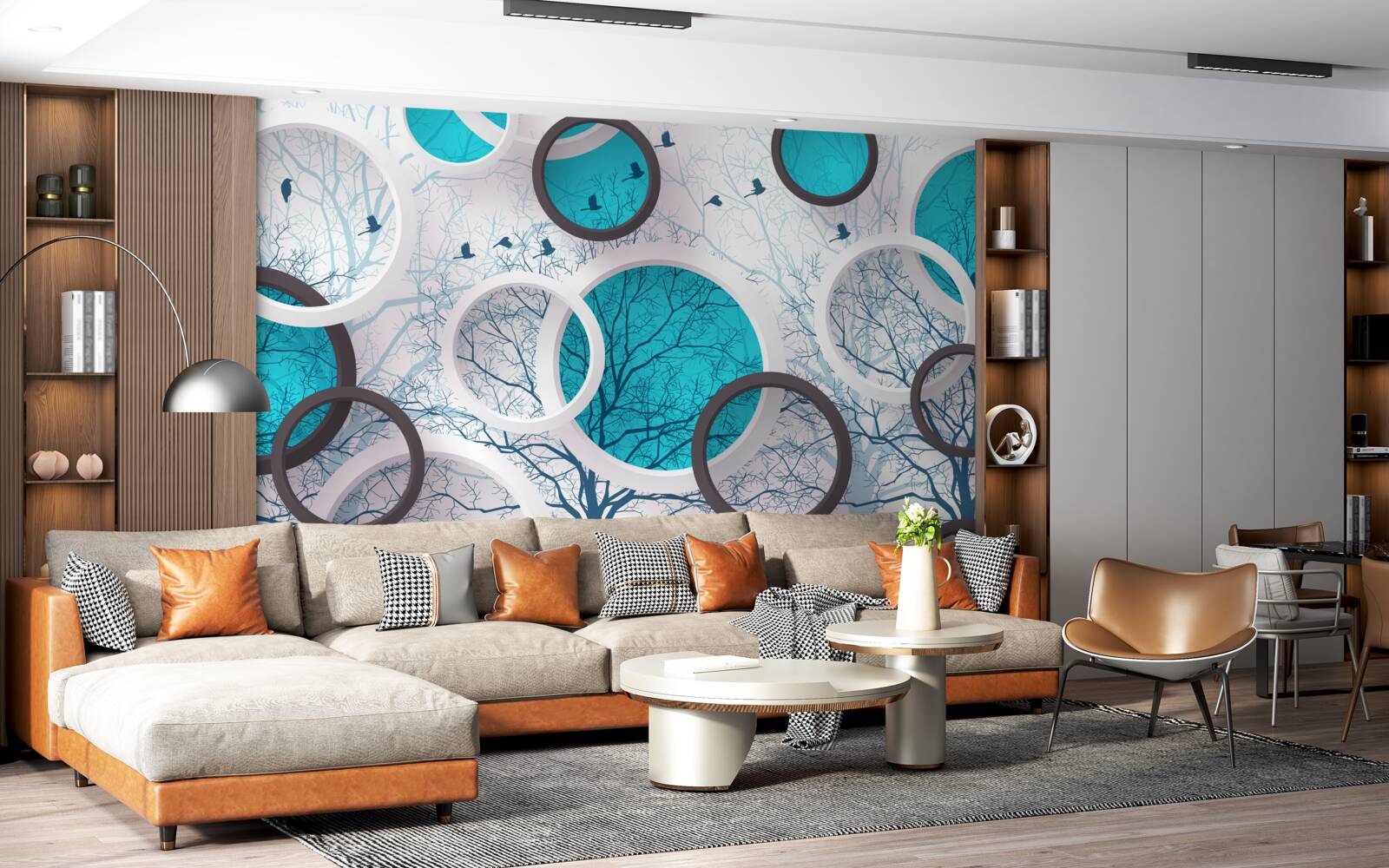 Papier peint cercles et arbres turquoise