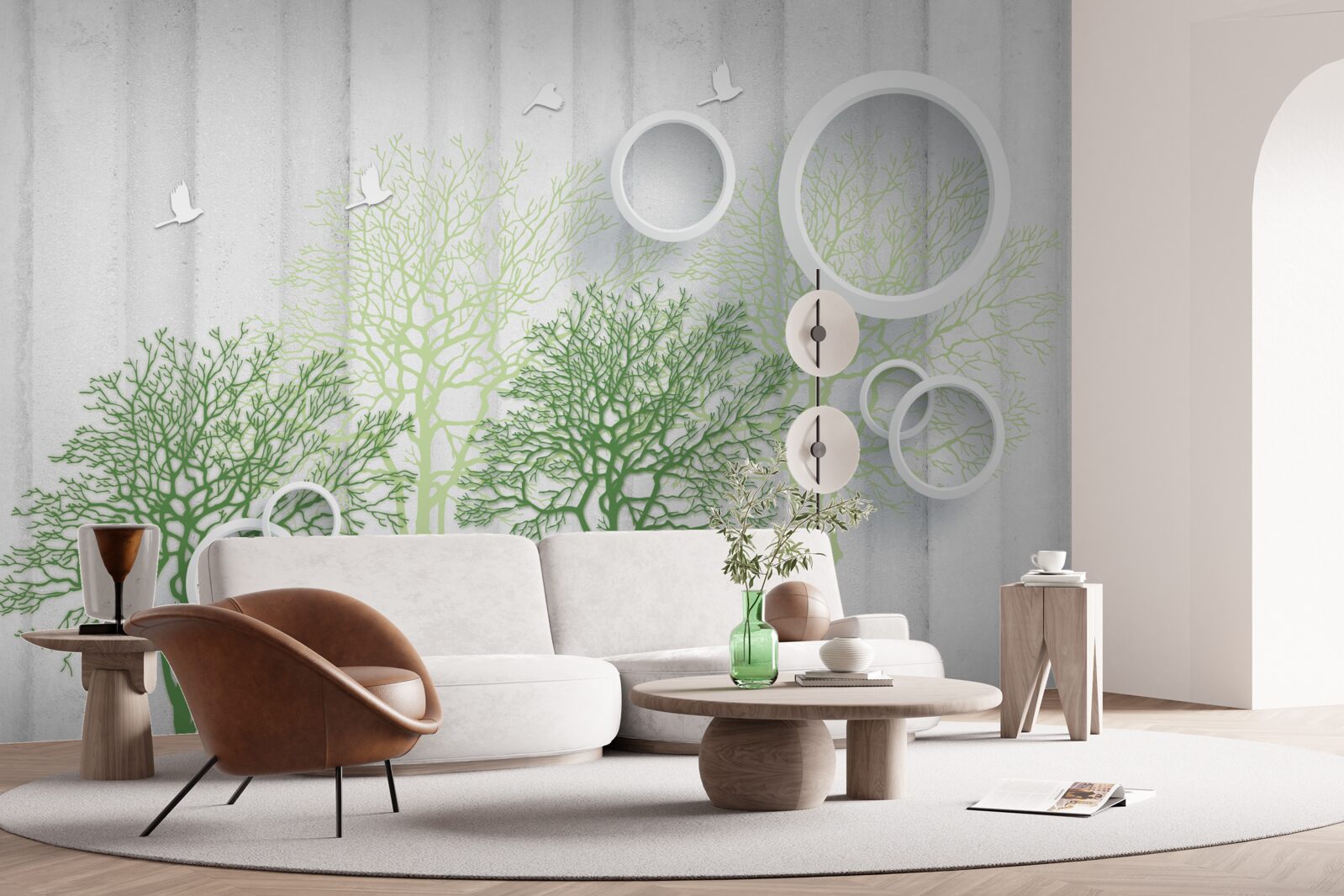 Papier peint des arbres élancés aux feuilles vertes et aux cercles blancs comme neige