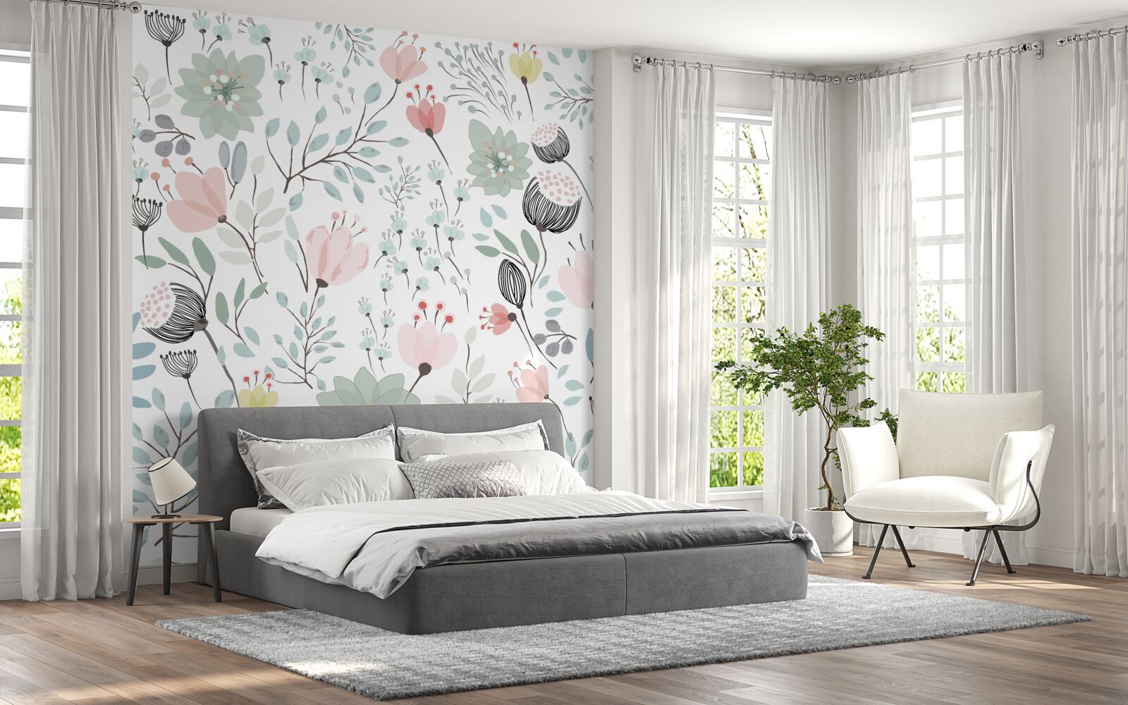 Papier peint des fleurs dans les tons de rose et de vert