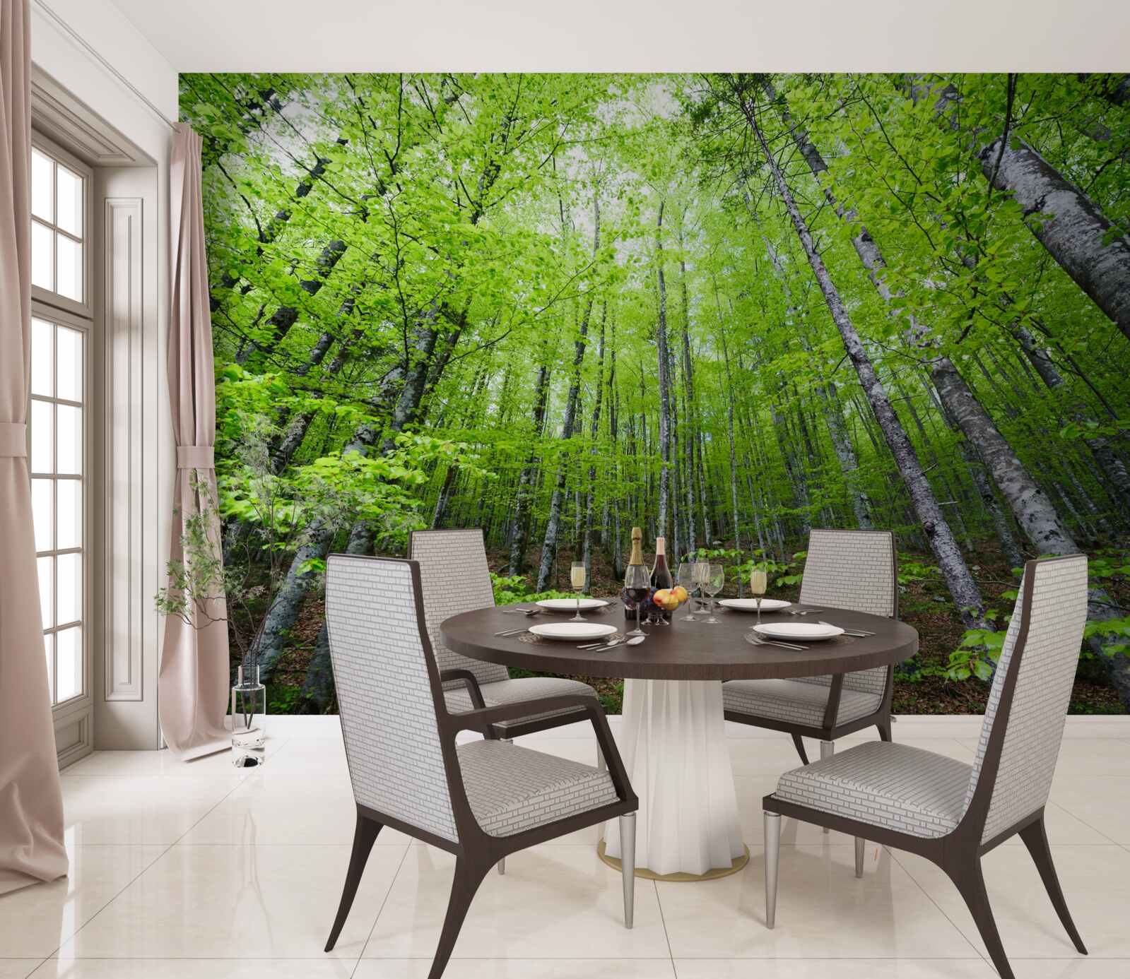 Papier peint les couronnes vertes des arbres de la forêt brillent de mille feux
