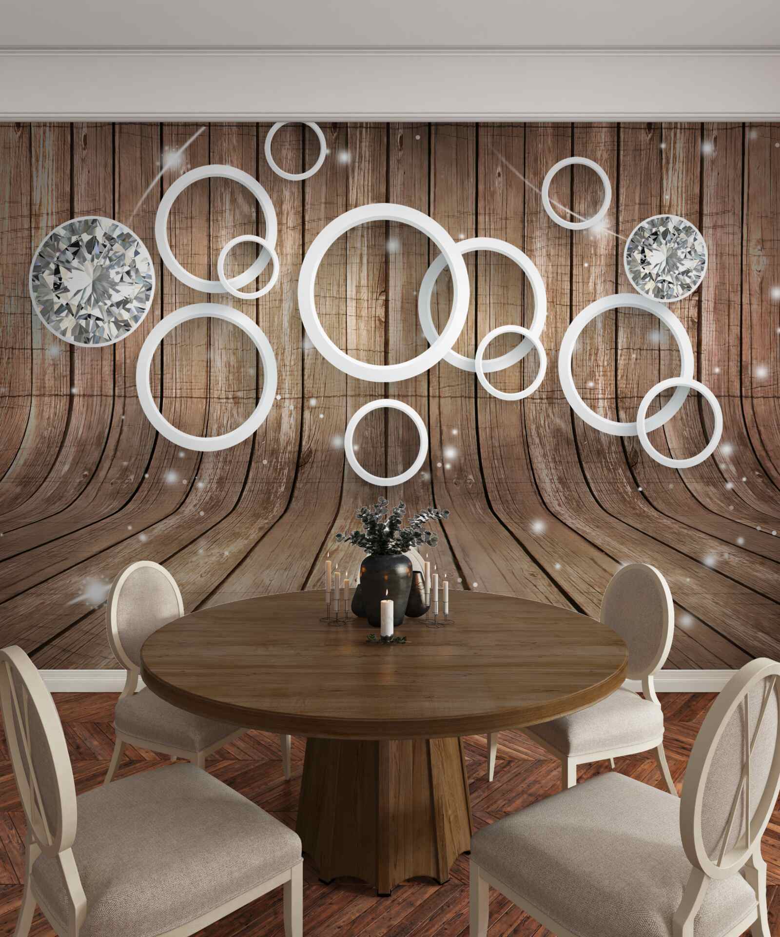 Papier peint texture du bois et cercles blancs