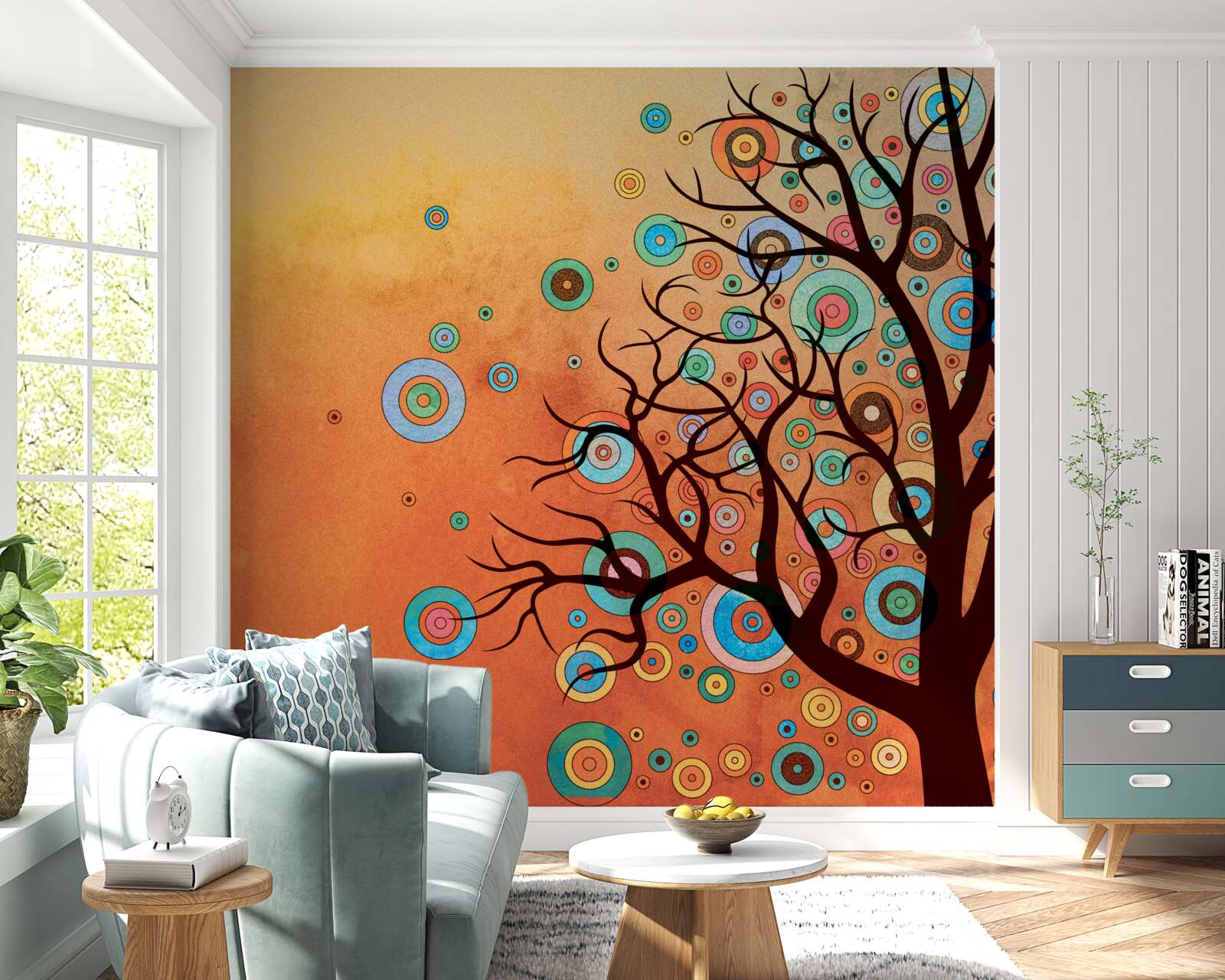 Papier peint arbre de style abstrait sur fond de coucher de soleil