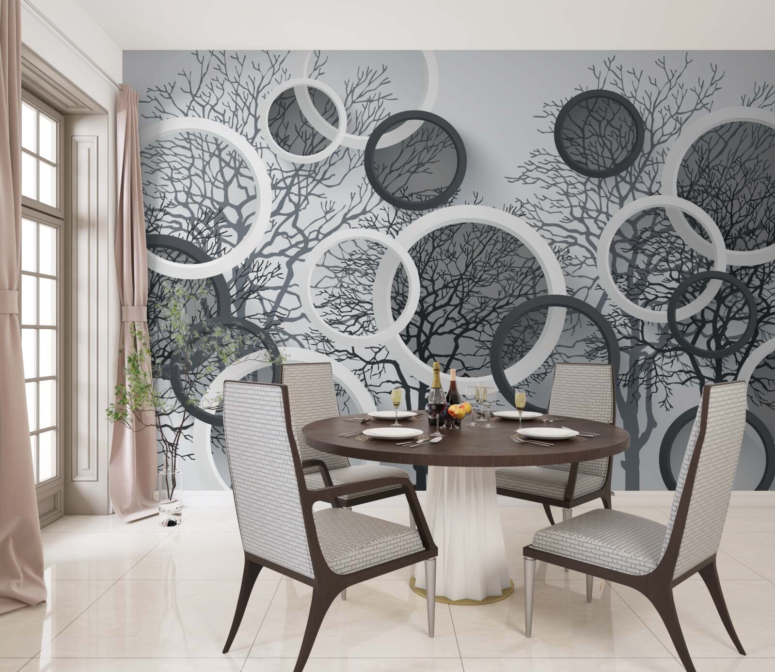 Papier peint arbres dans la brume et les cercles