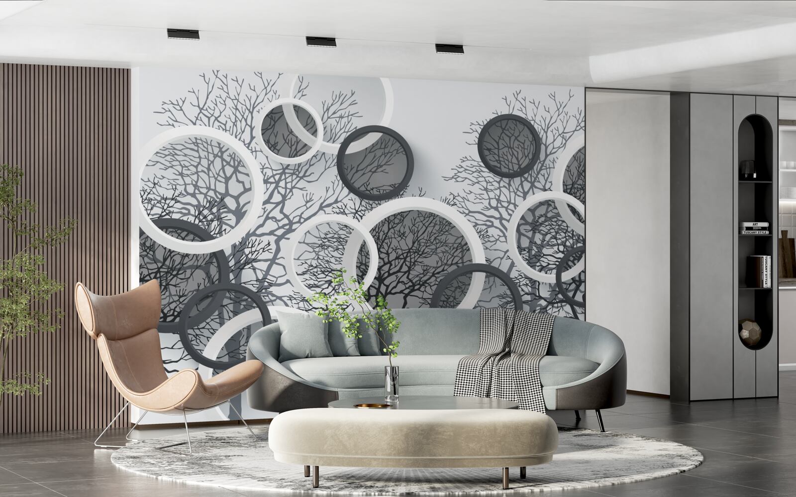 Papier peint arbres dans la brume et les cercles