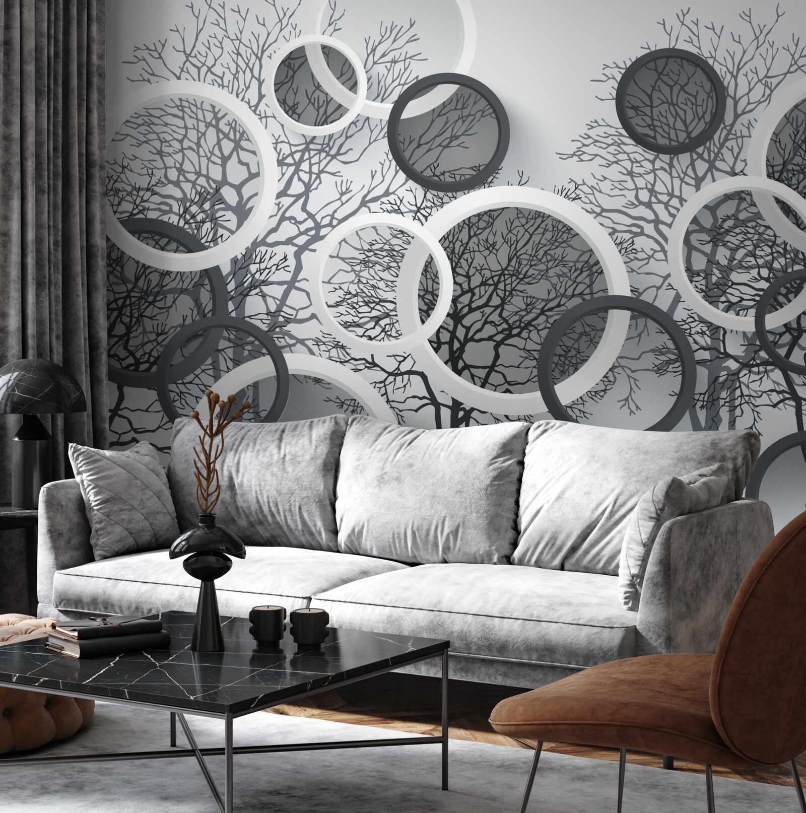 Papier peint arbres dans la brume et les cercles
