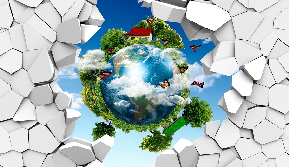 Papier peint Un mur de pierre et une planète couverte de verdure