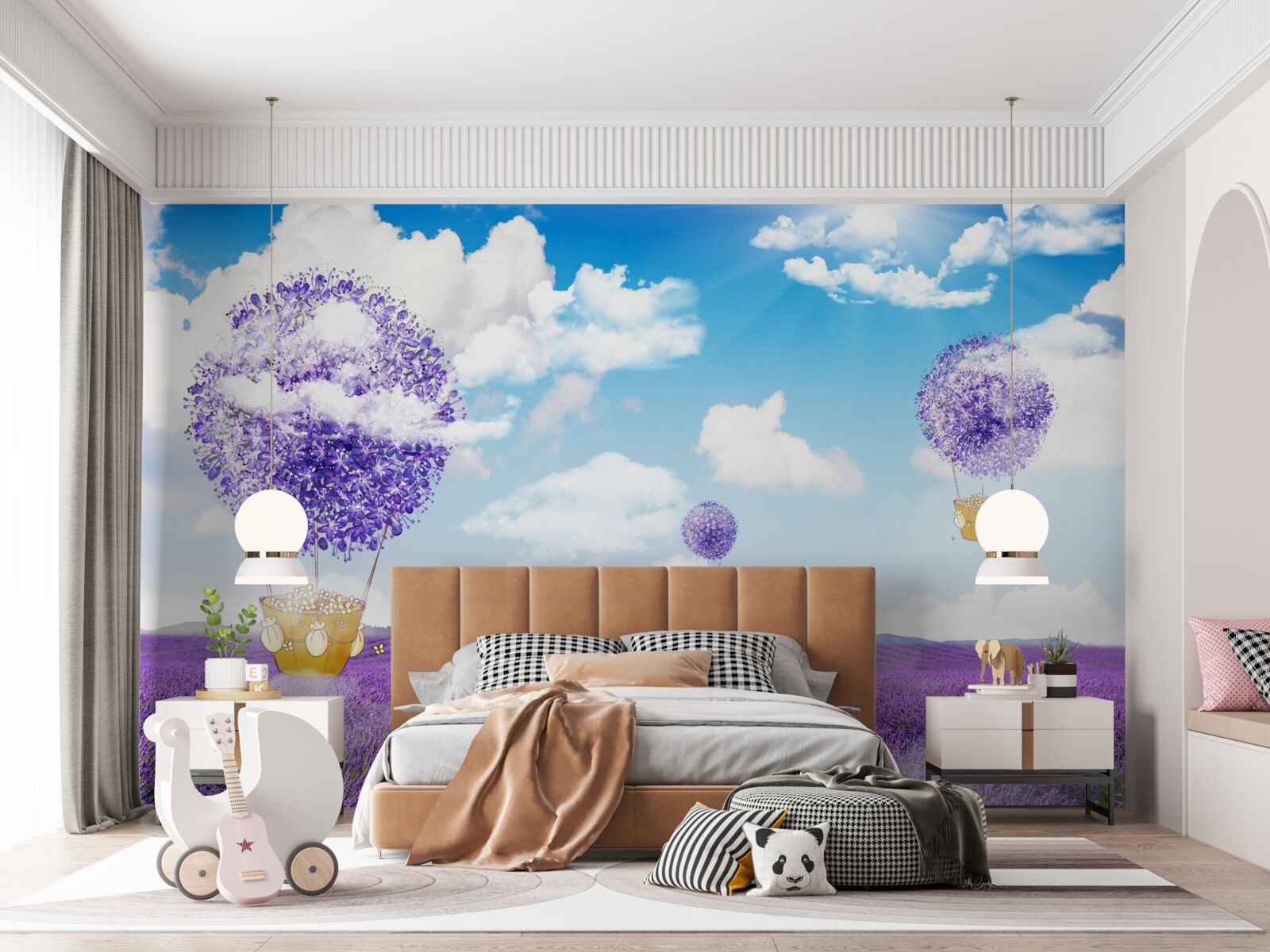 Papier peint plantation de lavande et ballons