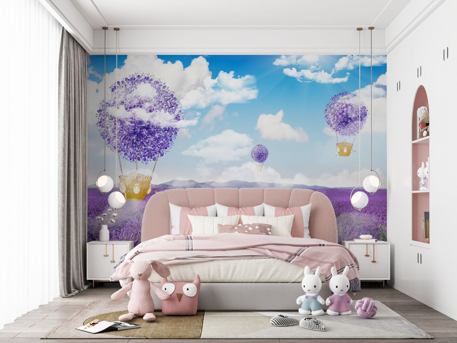 Papier peint plantation de lavande et ballons