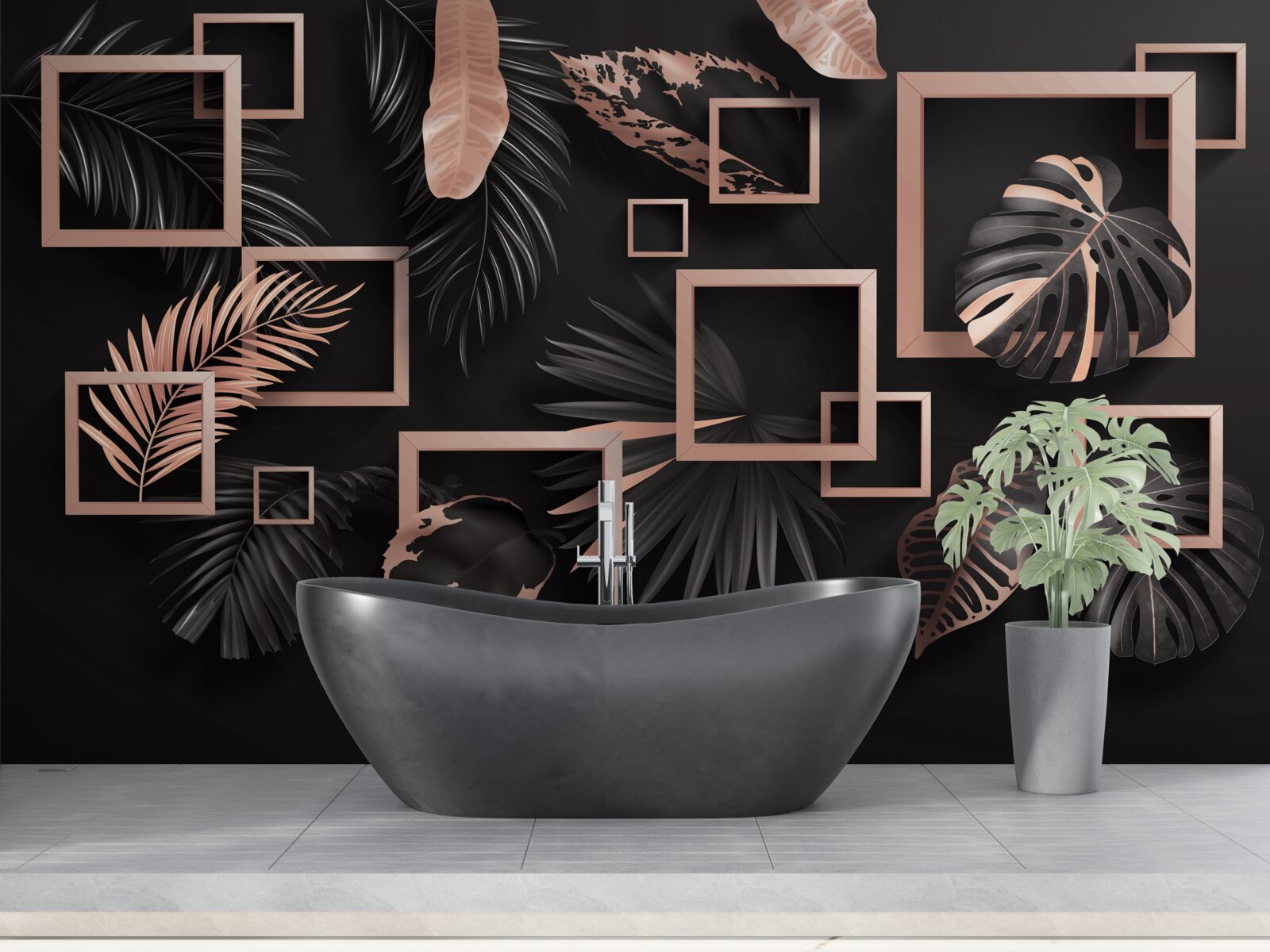 Papier peint abstraction tropicale dans les tons noir et or
