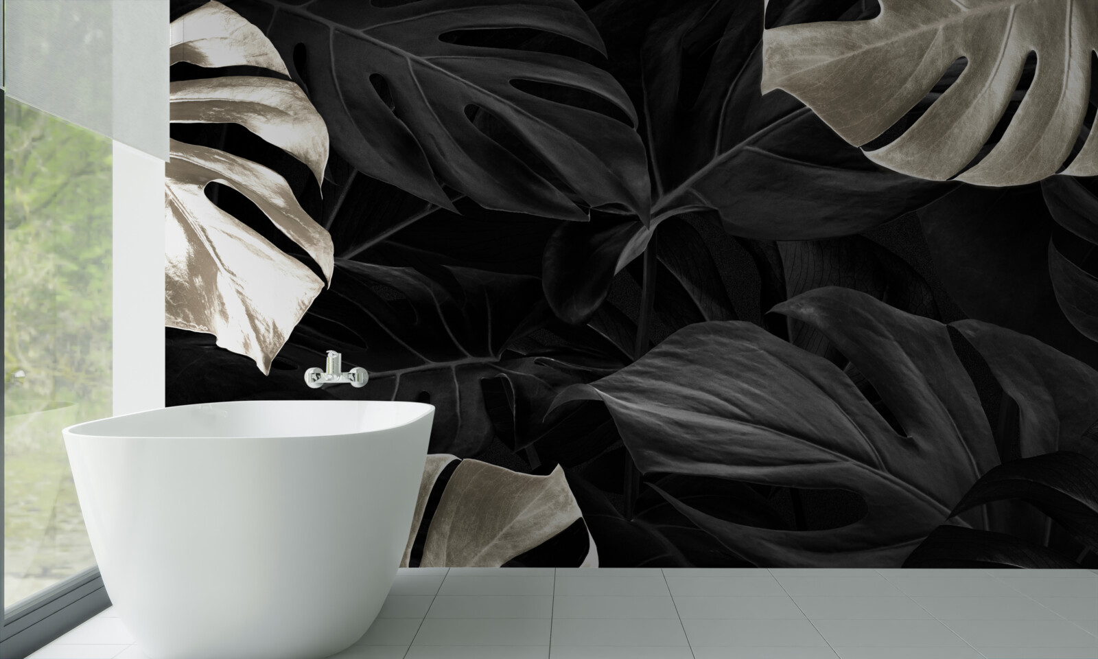 Papier peint Feuilles de monstera blanc neige sur fond noir