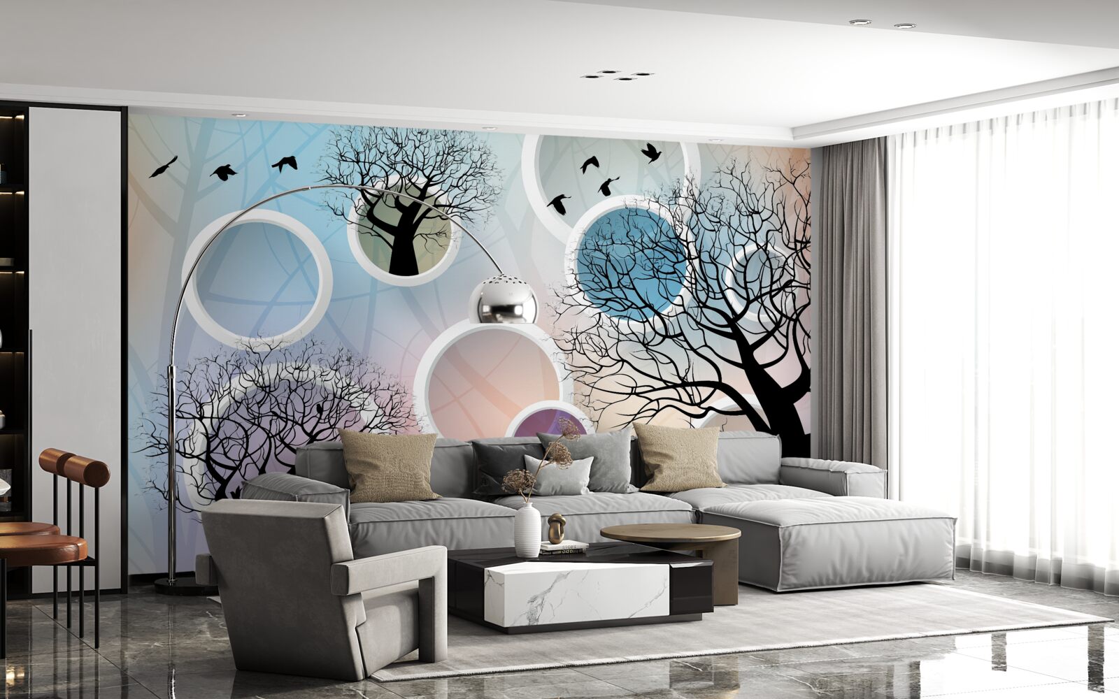 Papier peint grandes peintures représentant des arbres multicolores et des cercles blancs