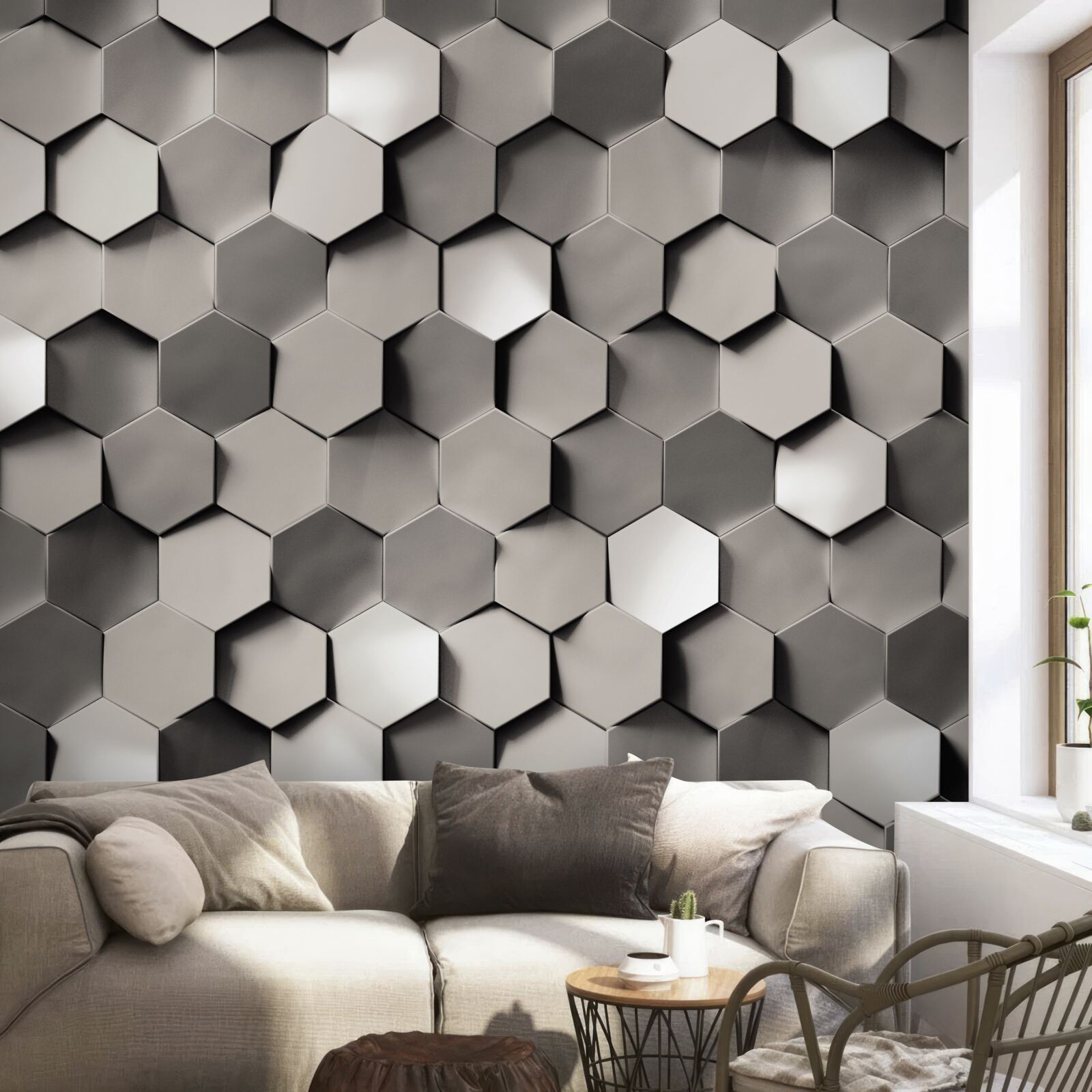 Papier peint pentagones gris 3d