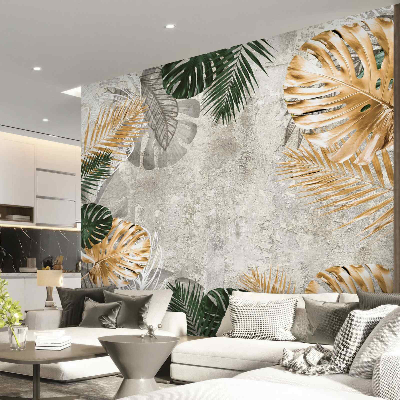 Papier peint monstera avec des feuilles dorées et vertes