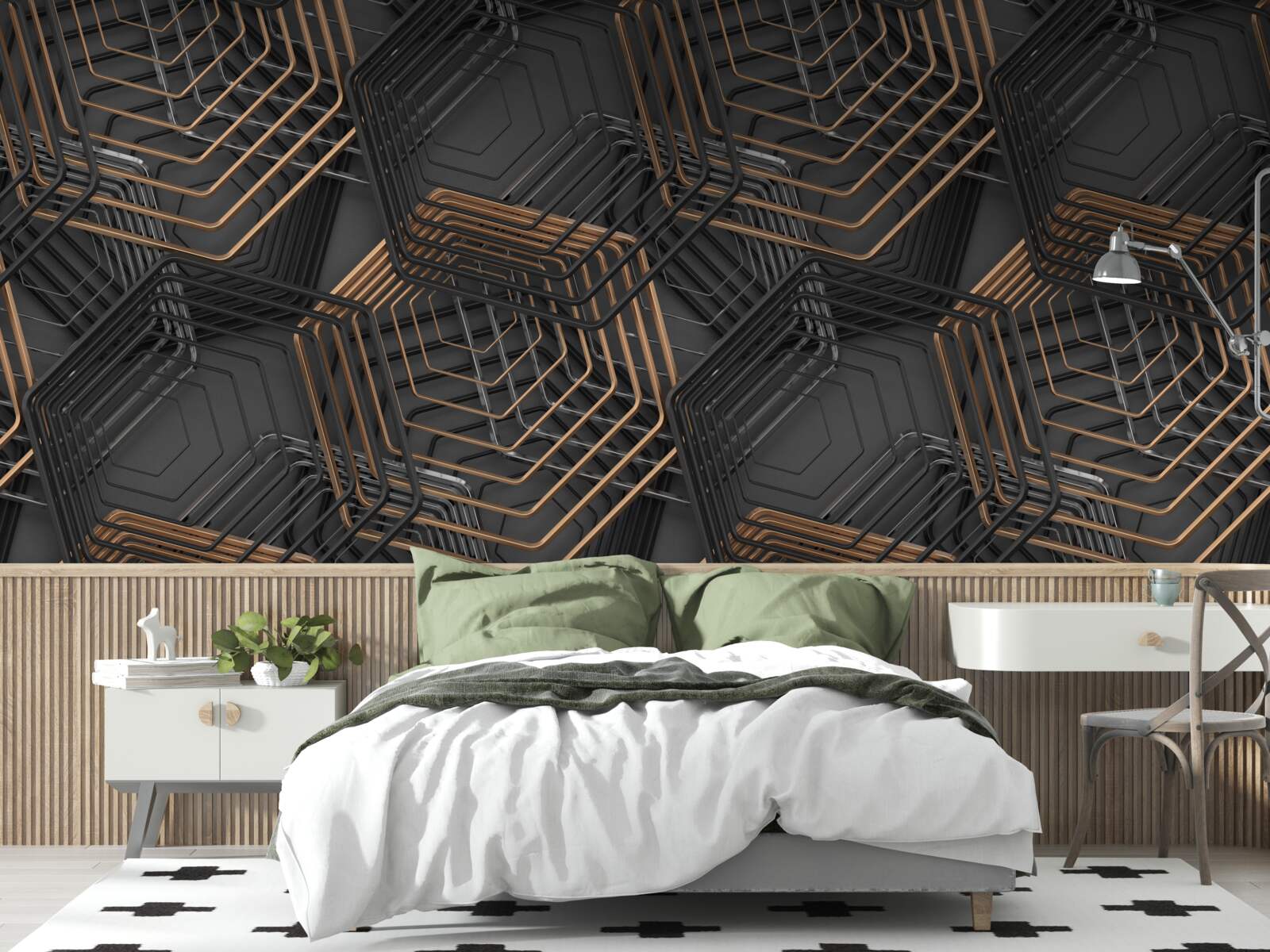 Papier peint pentagones noirs et bruns avec structure en grille