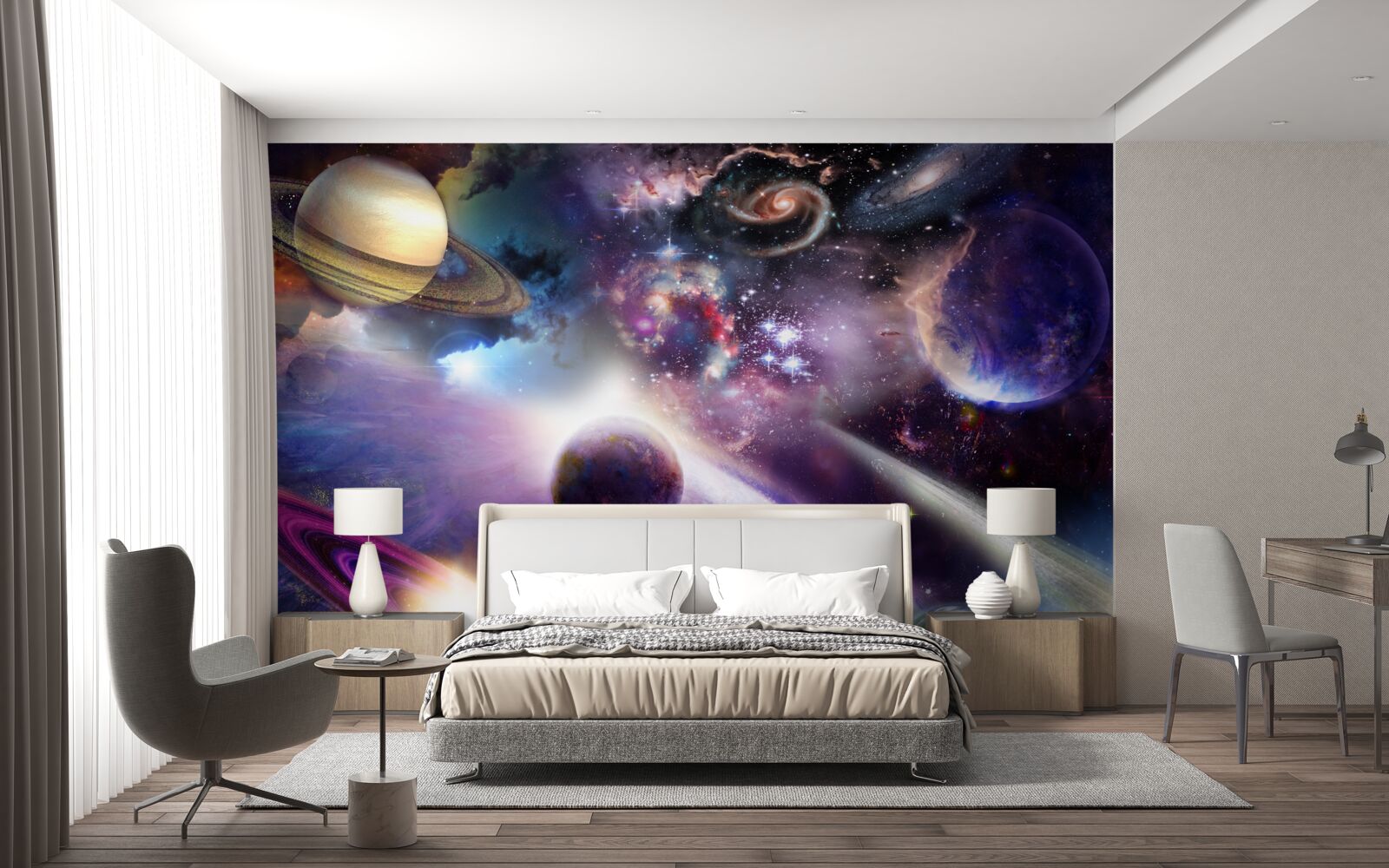 Papier peint l'espace est infini et plein de planètes lumineuses