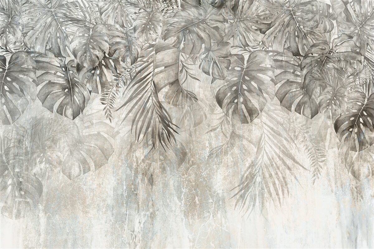 Papier peint feuilles tombant dans la brume de la jungle