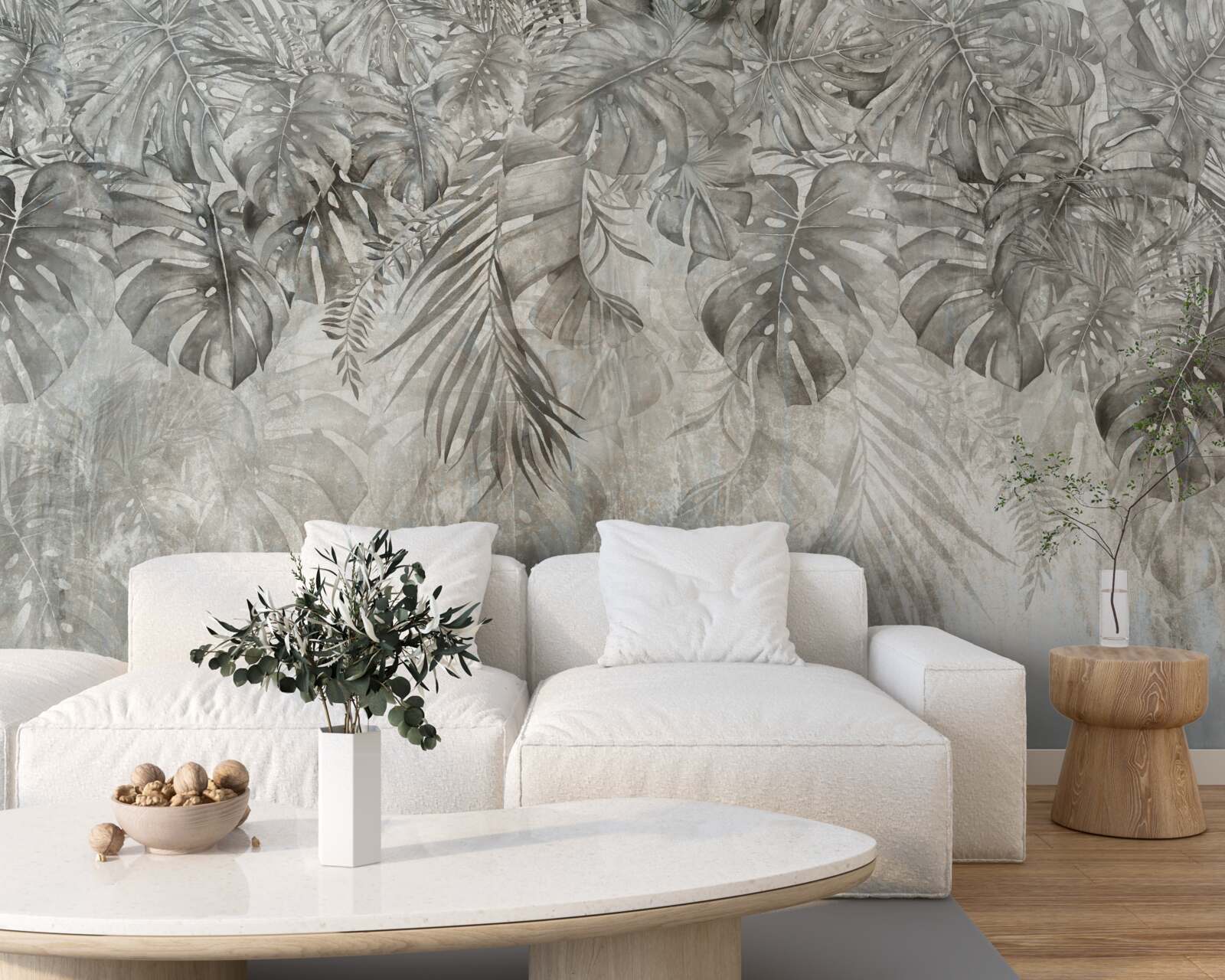 Papier peint feuilles tombant dans la brume de la jungle