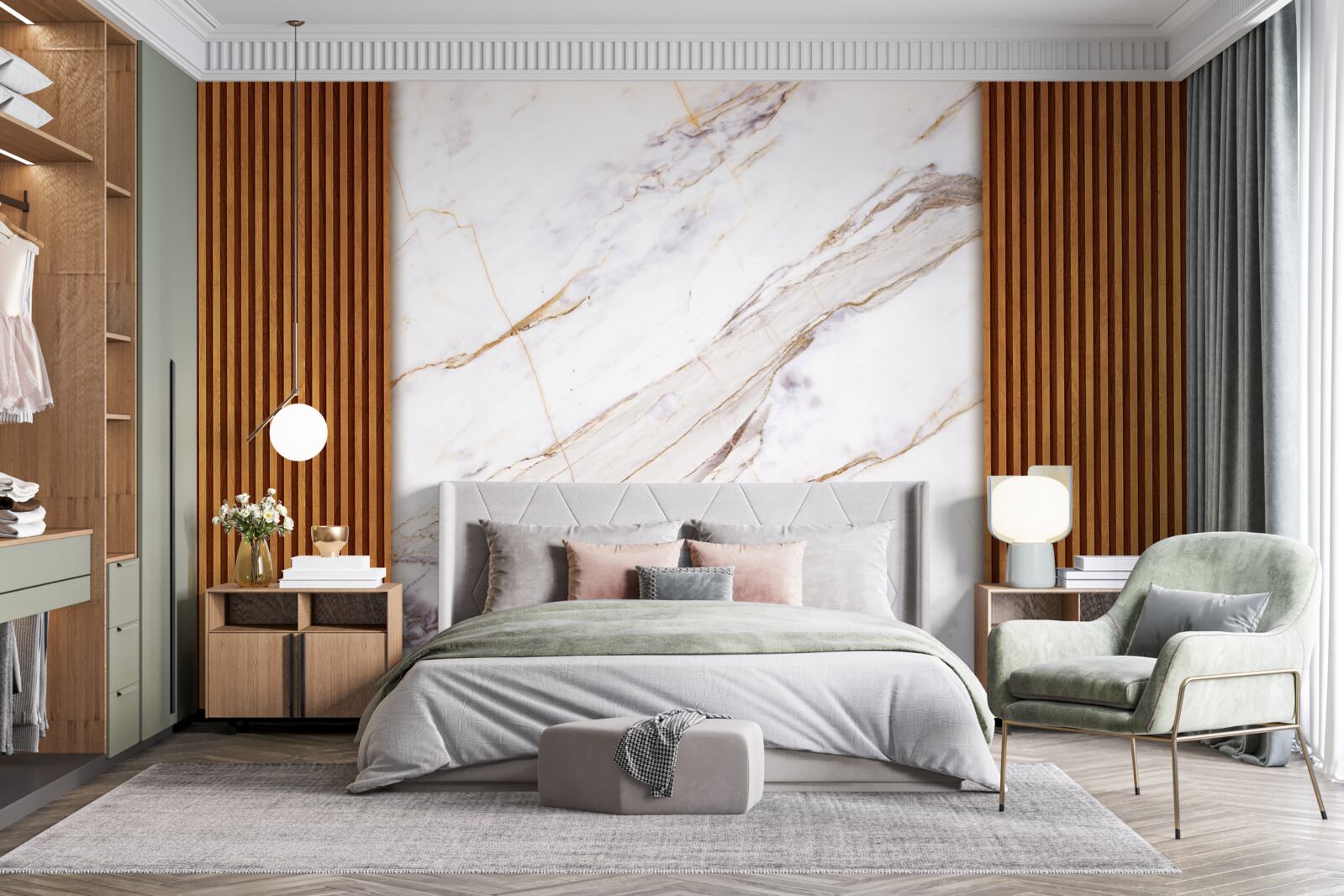 Papier peint bois décoré de marbre blanc