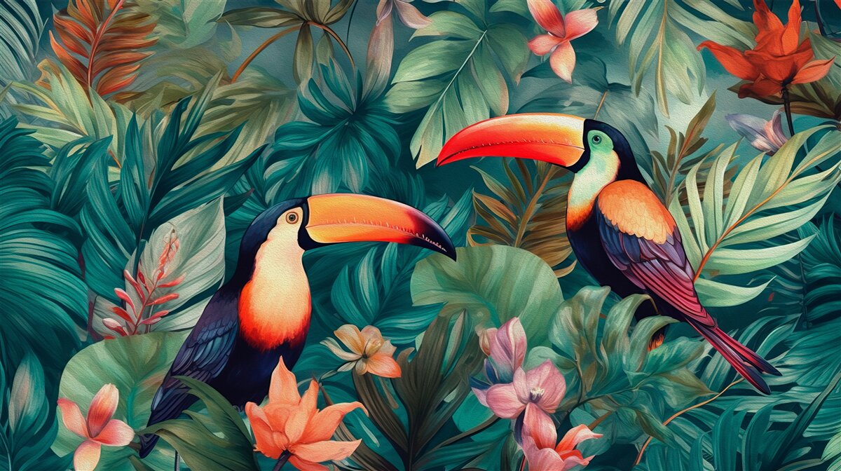 Papier peint grands perroquets parmi les feuilles