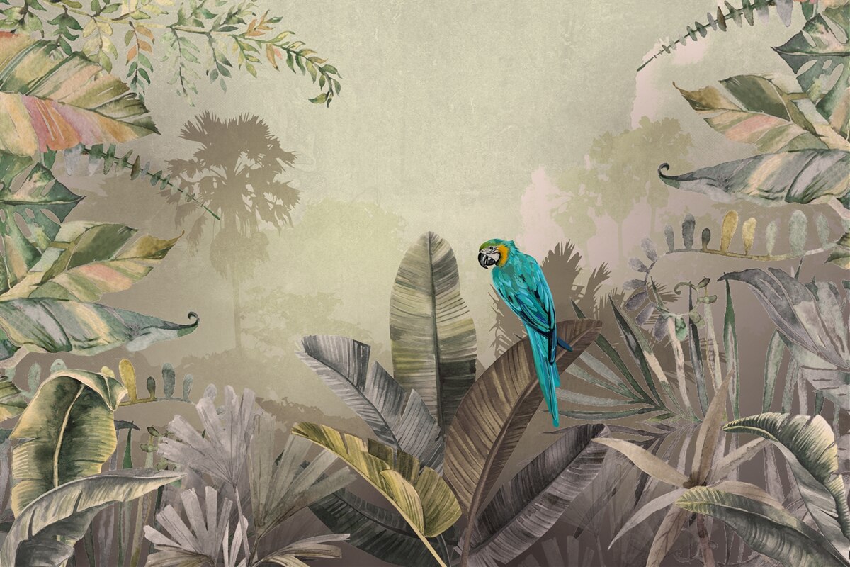 Papier peint perroquet lumineux parmi la verdure tropicale