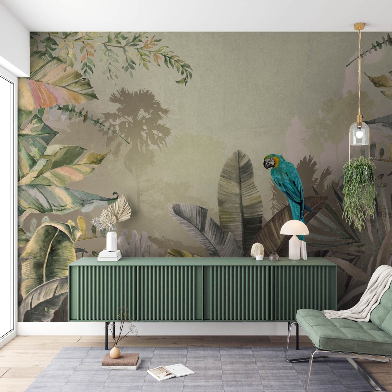 Papier peint perroquet lumineux parmi la verdure tropicale