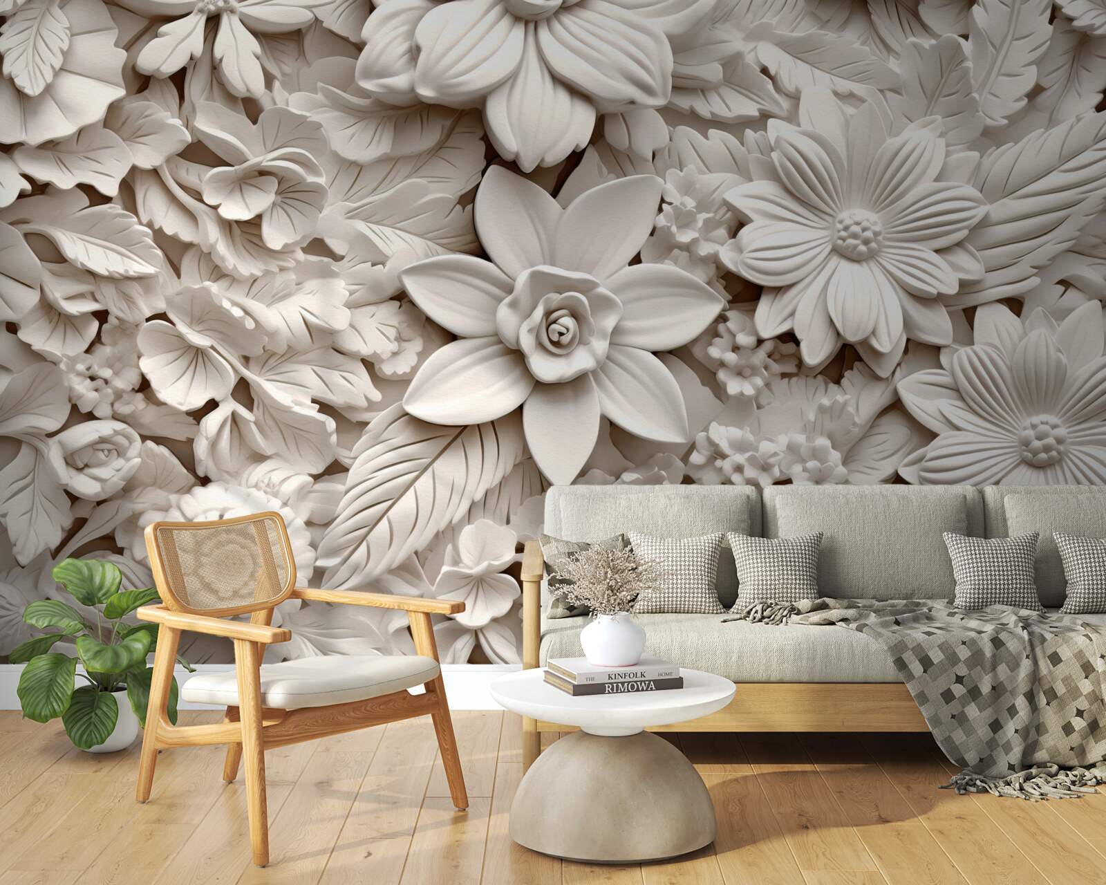 Papier peint composition florale en plâtre
