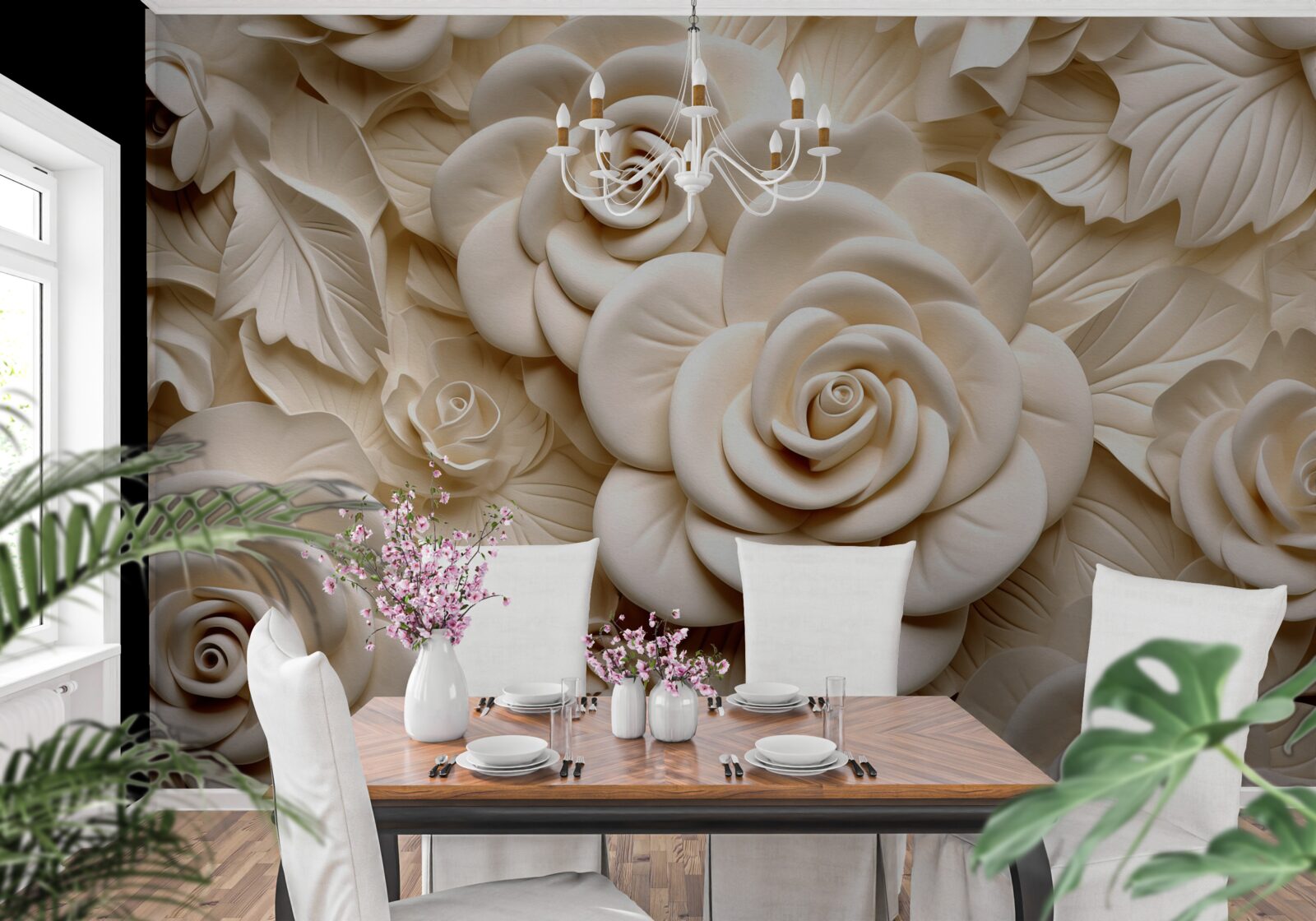 Papier peint grandes roses de gypse dans des tons clairs