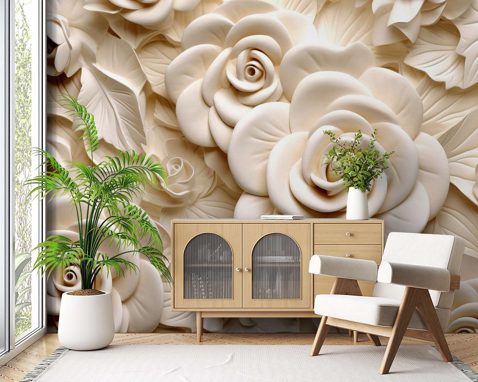 Papier peint grandes roses de gypse dans des tons clairs