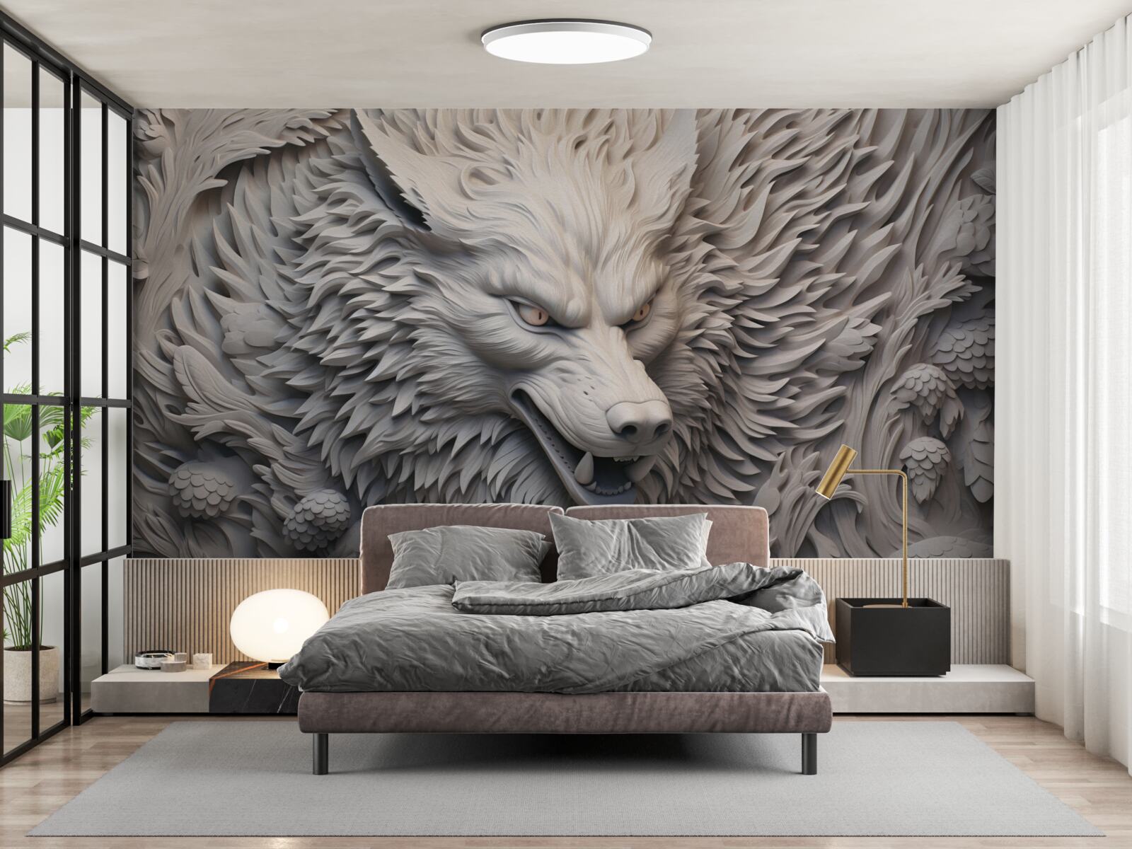 Papier peint le puissant rugissement du loup crée une image aux multiples facettes