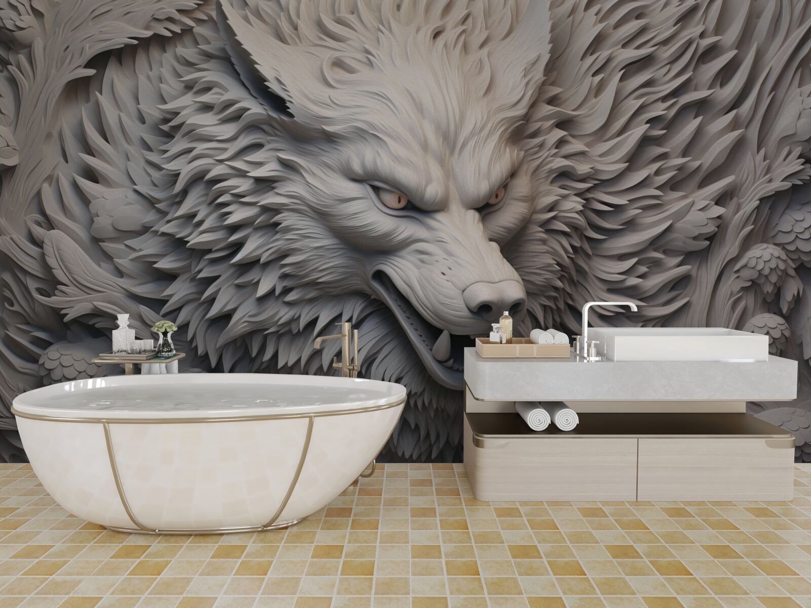 Papier peint le puissant rugissement du loup crée une image aux multiples facettes