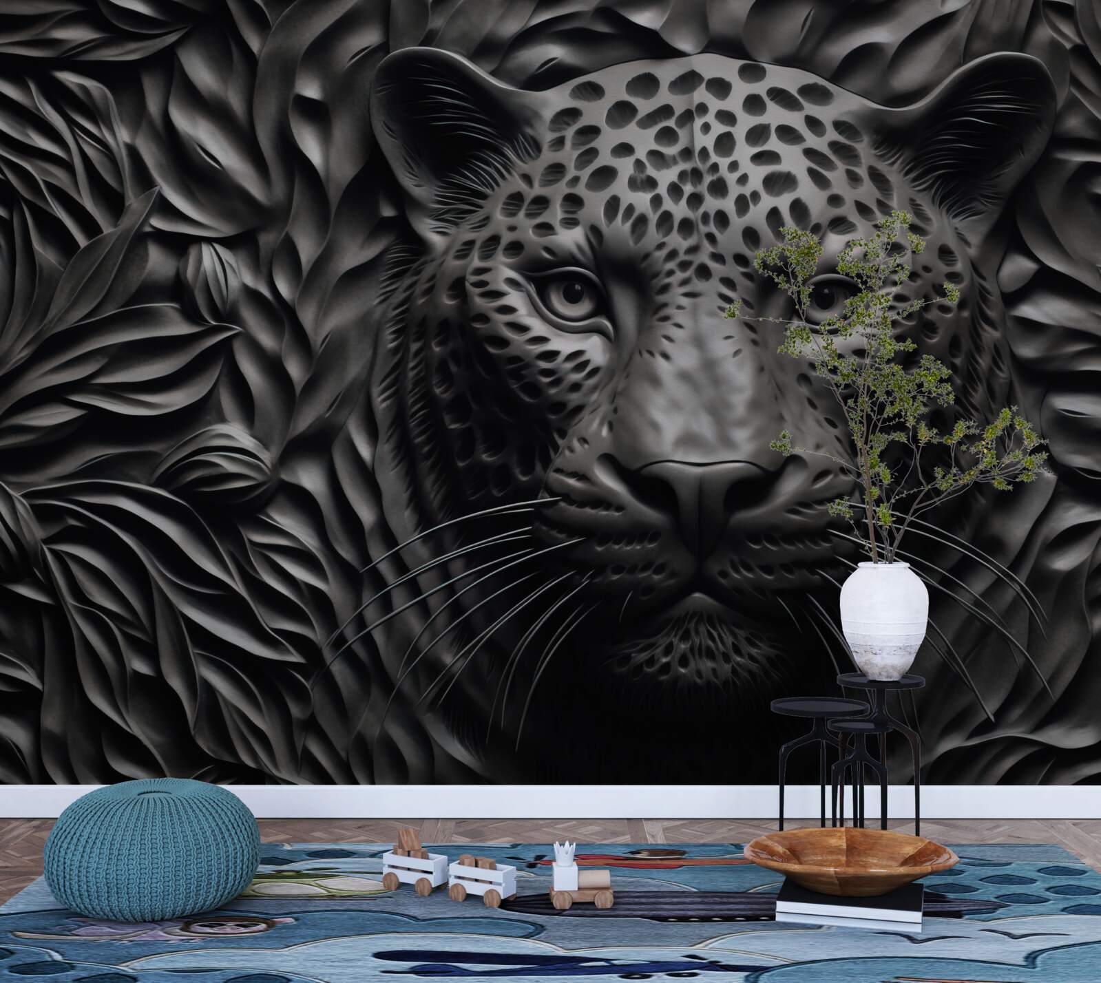 Papier peint tigre noir sur un arbre de taille impressionnante