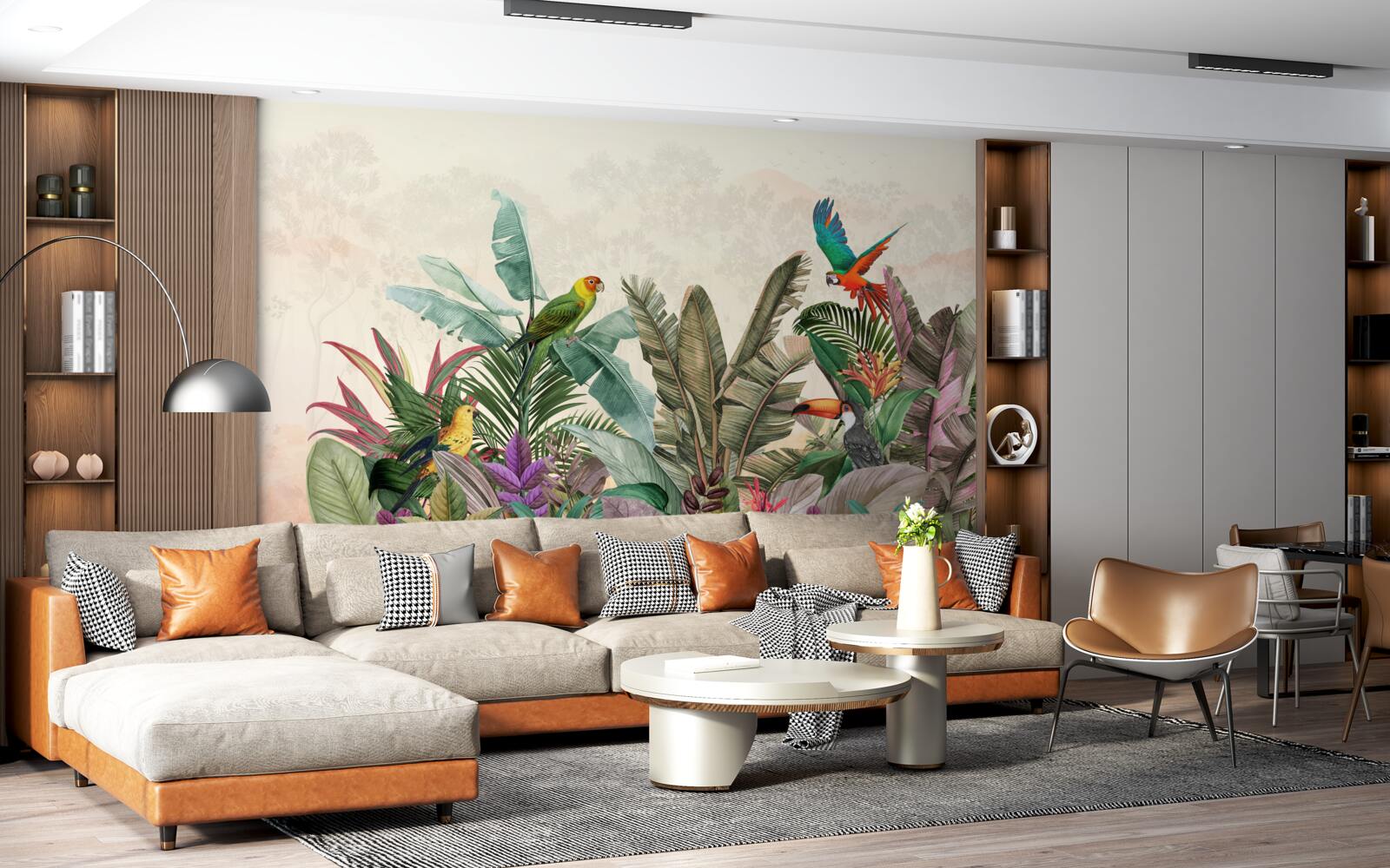 Papier peint feuilles tropicales décorées d'oiseaux