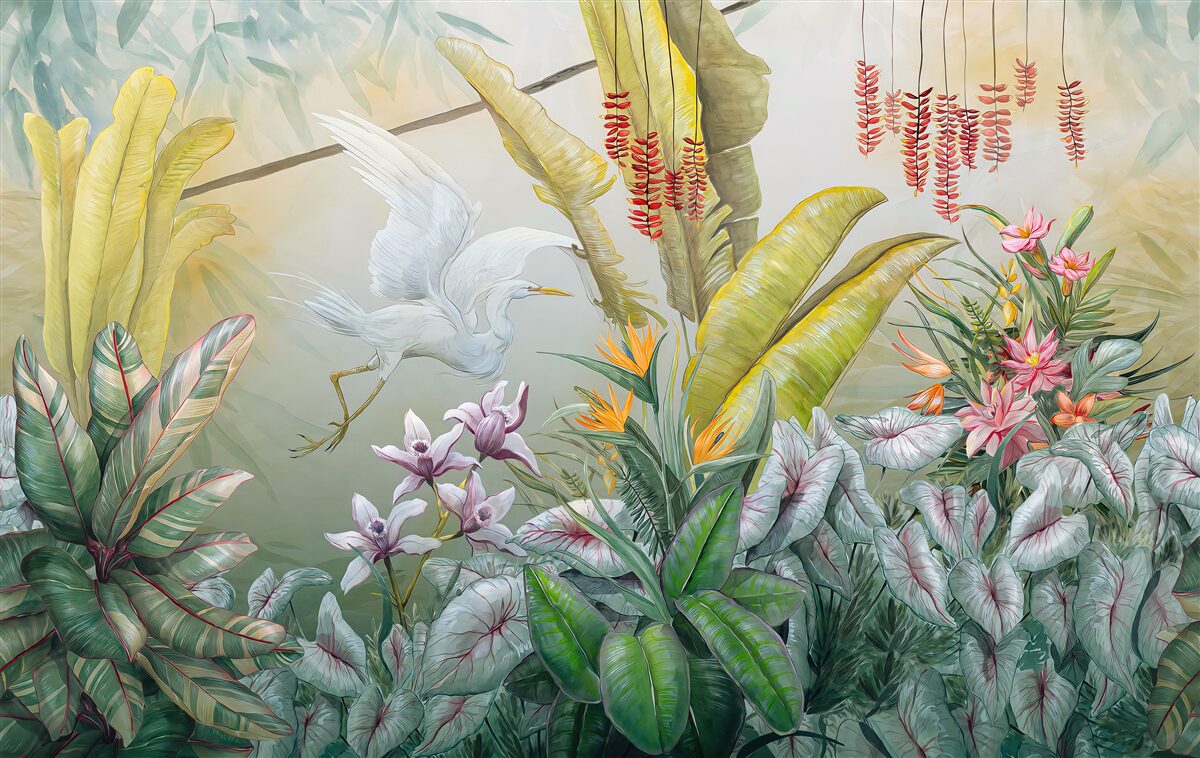 Papier peint des plantes aux couleurs vives et des grues colorées