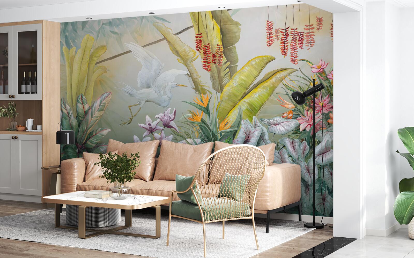 Papier peint des plantes aux couleurs vives et des grues colorées
