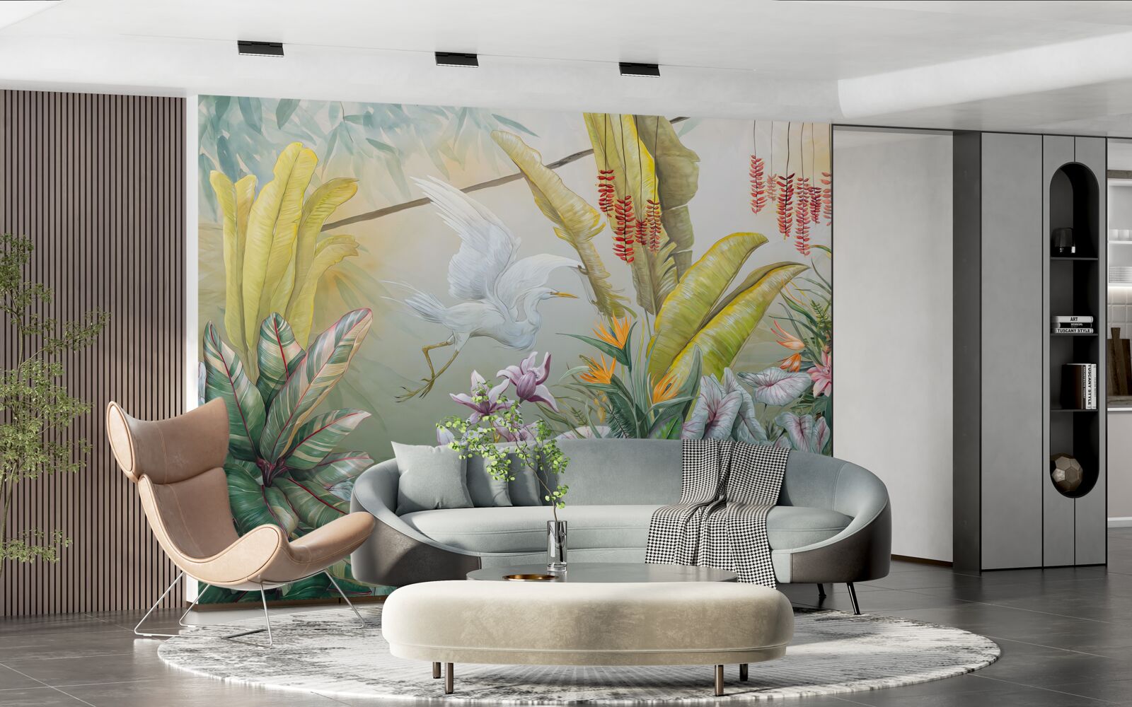 Papier peint des plantes aux couleurs vives et des grues colorées