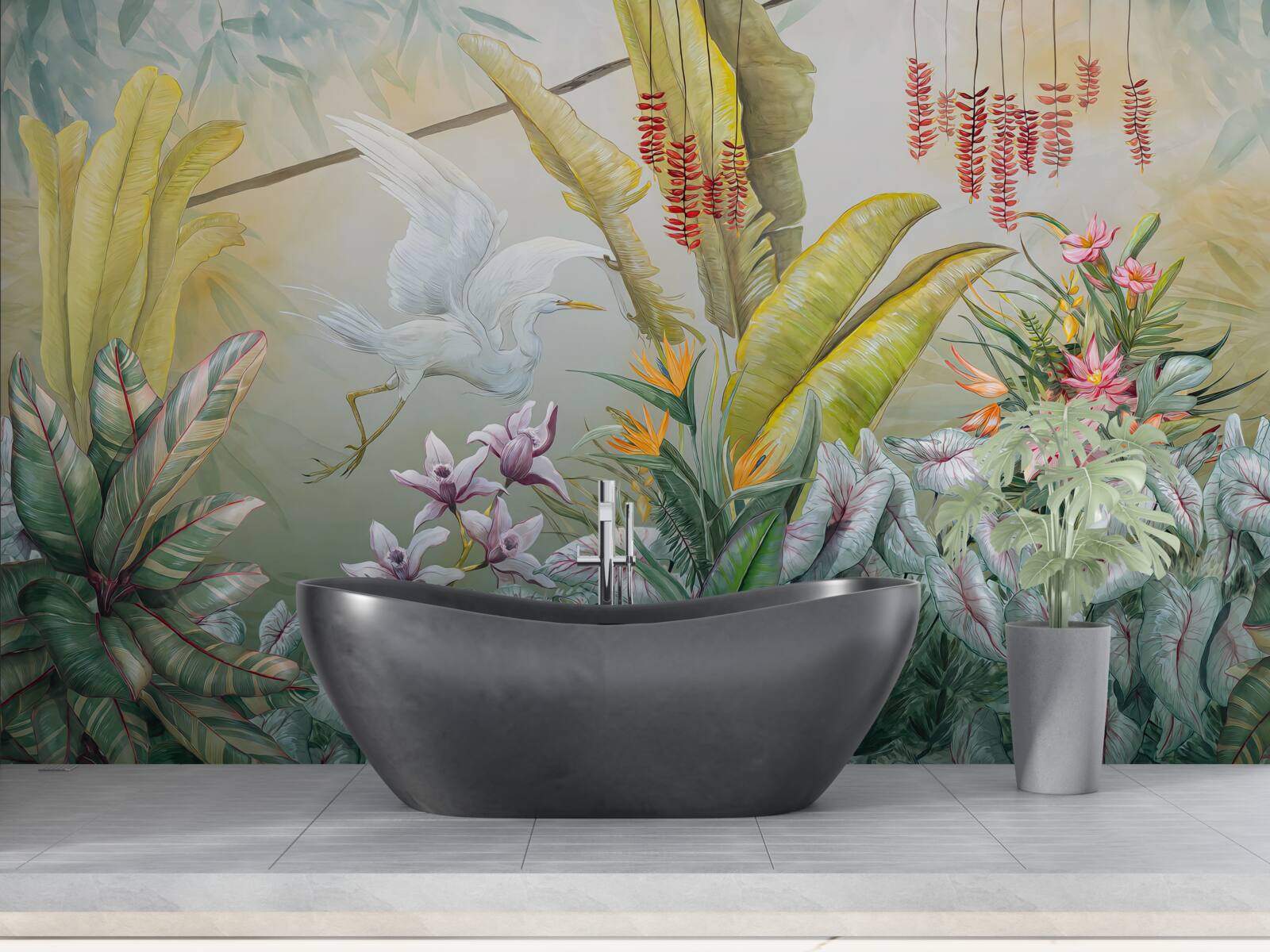 Papier peint des plantes aux couleurs vives et des grues colorées