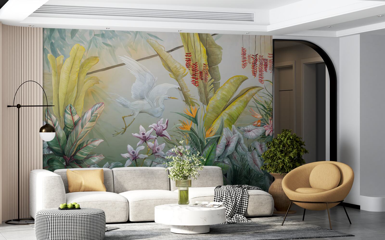Papier peint des plantes aux couleurs vives et des grues colorées