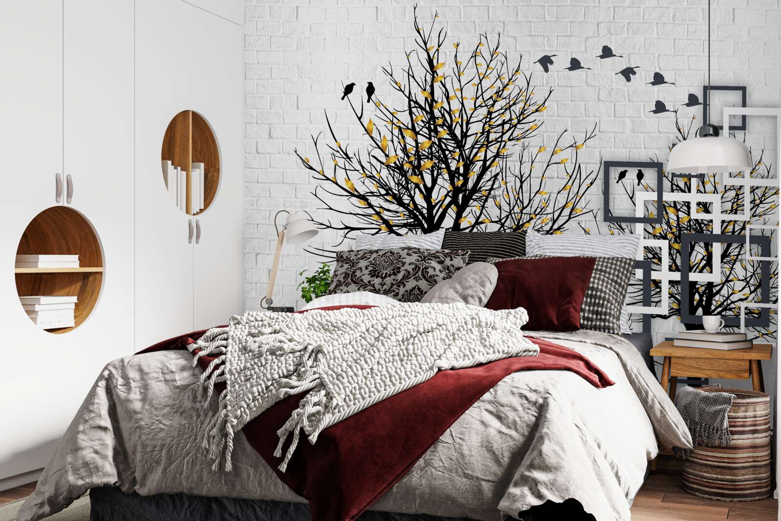Papier peint abstrait avec arbres et mur de briques