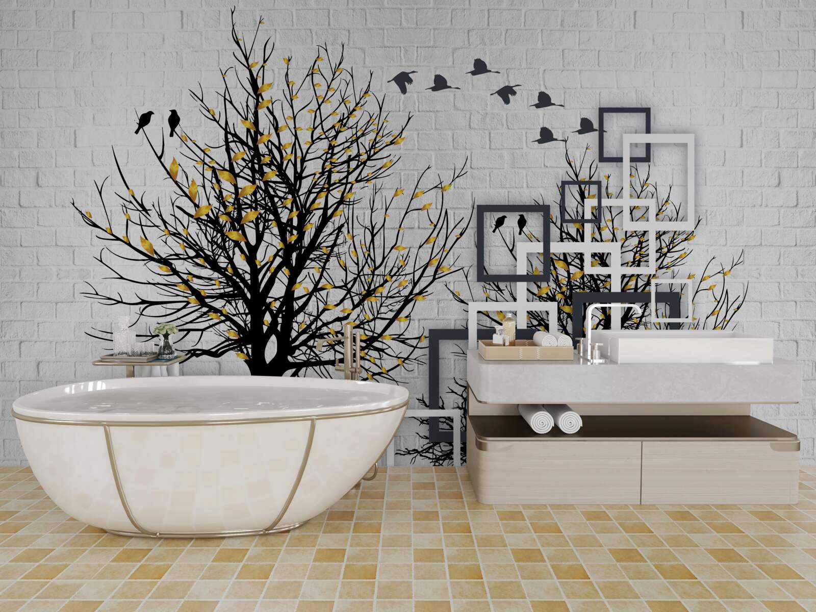 Papier peint abstrait avec arbres et mur de briques