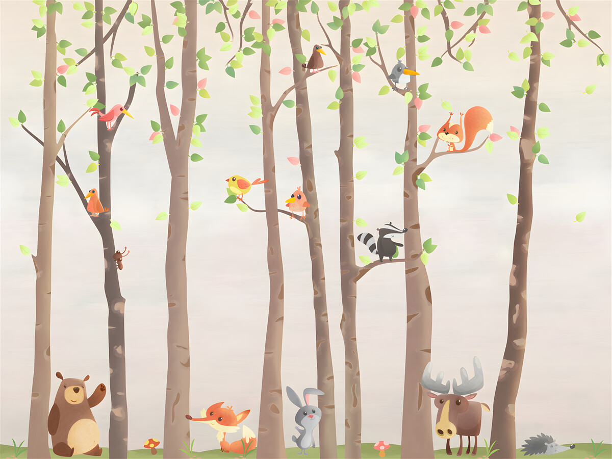 Papier peint de grands arbres avec des habitants de la forêt
