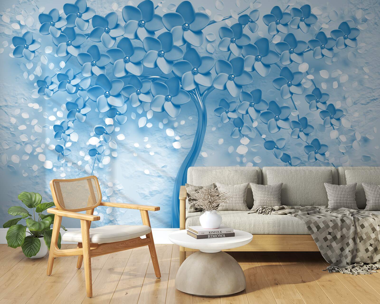 Papier peint un grand arbre bleu avec des fleurs