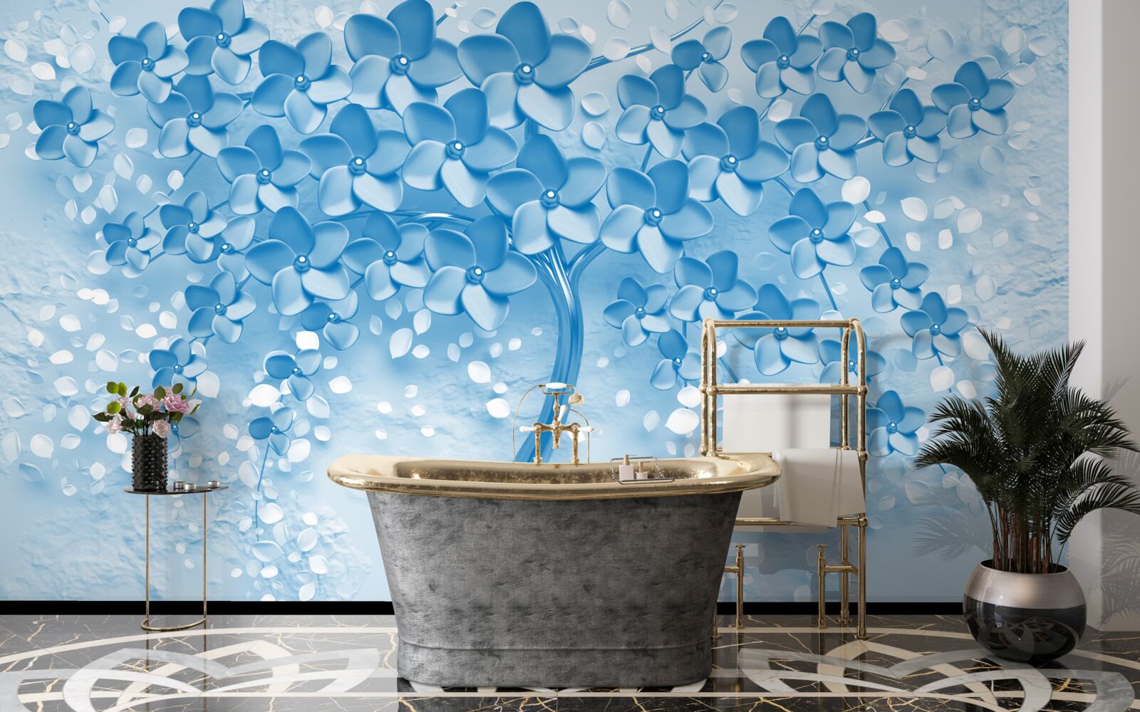 Papier peint un grand arbre bleu avec des fleurs